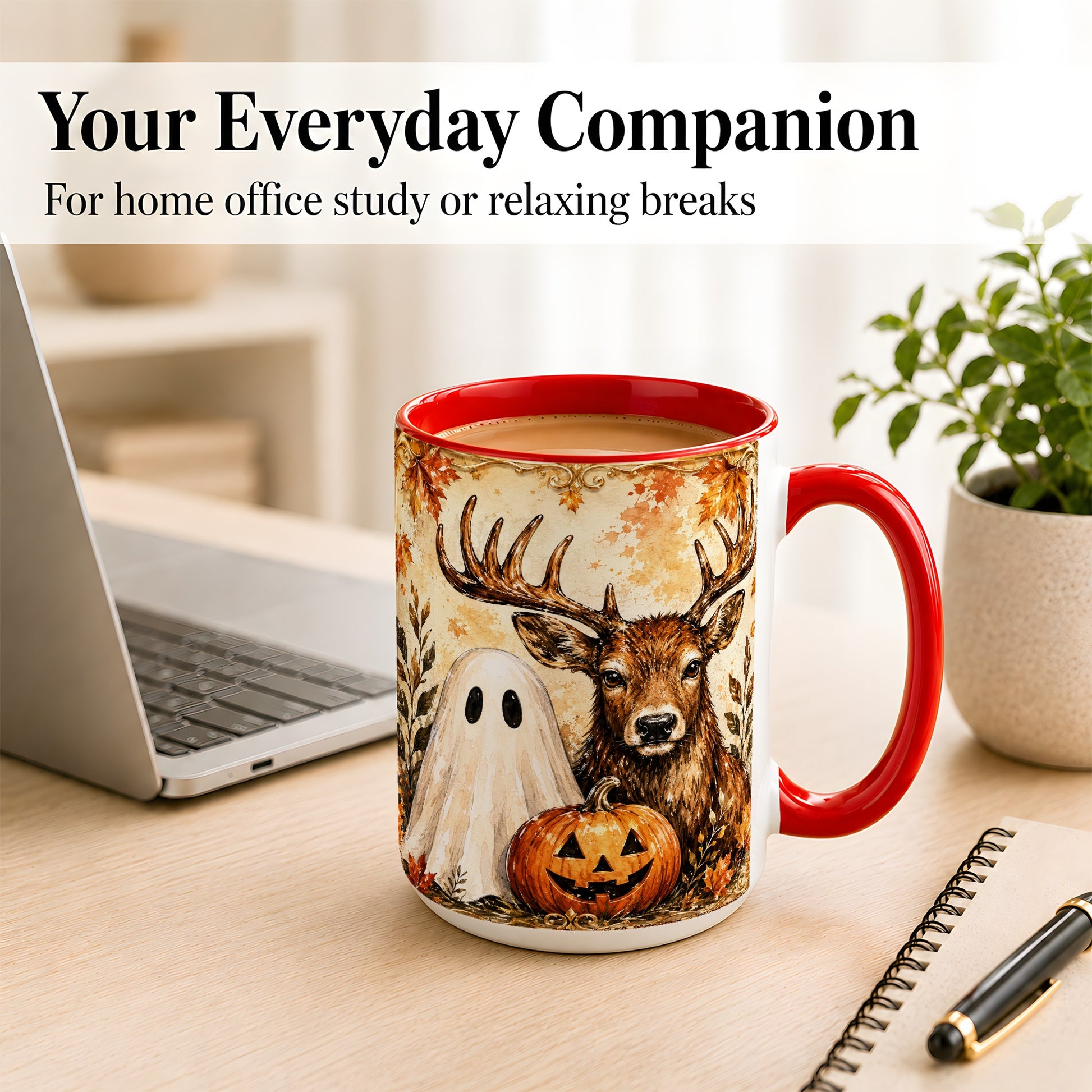 #pl[15oz|Red] Autumn Deer Coffee Mug, Ghost Pumpkin Mug, Ceramic Cup