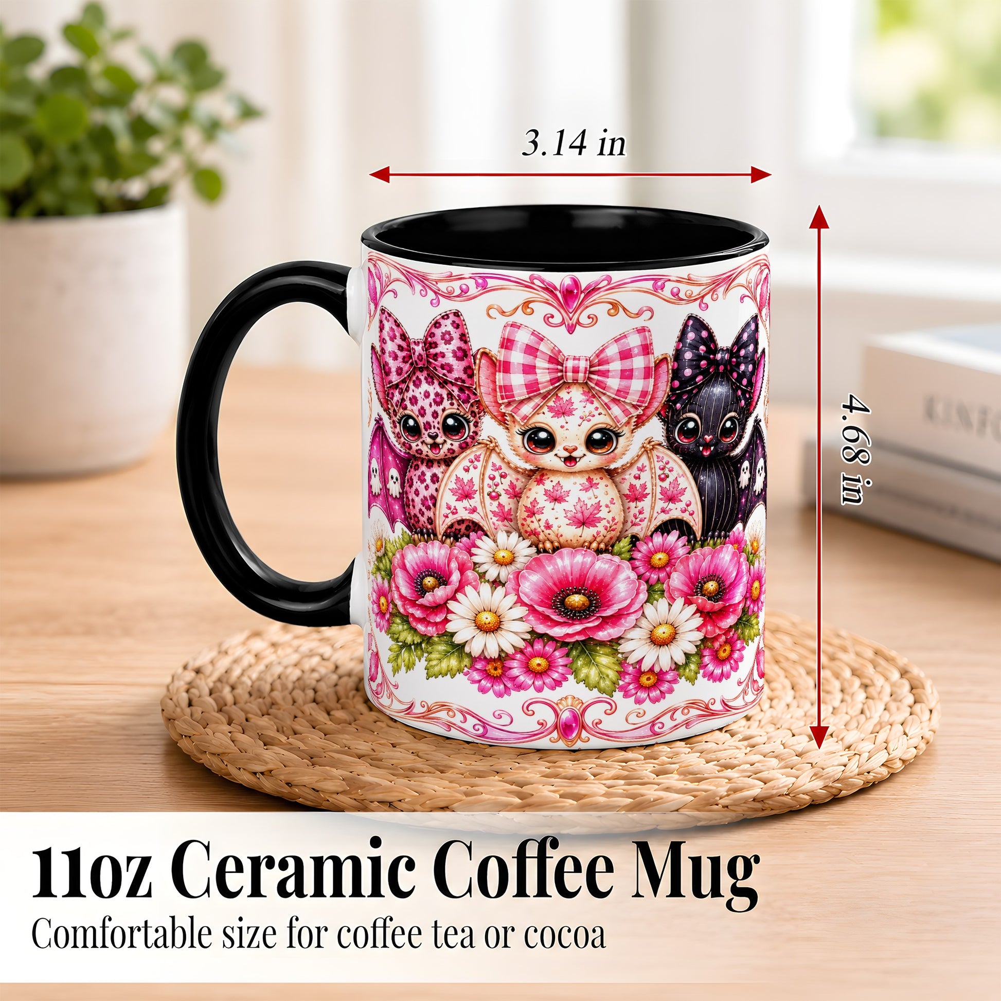 #pl[11oz|Black] Pink Halloween Bats Coffee Mug, Floral Bat Mug, Ceramic Cup