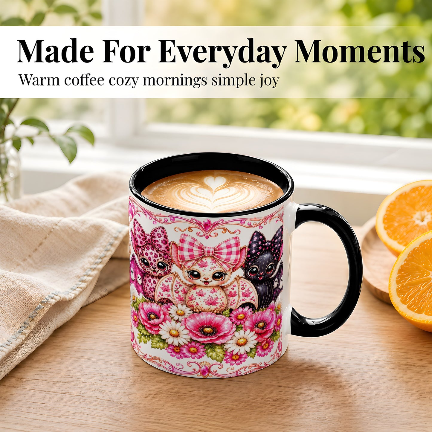 #pl[11oz|Black] Pink Halloween Bats Coffee Mug, Floral Bat Mug, Ceramic Cup