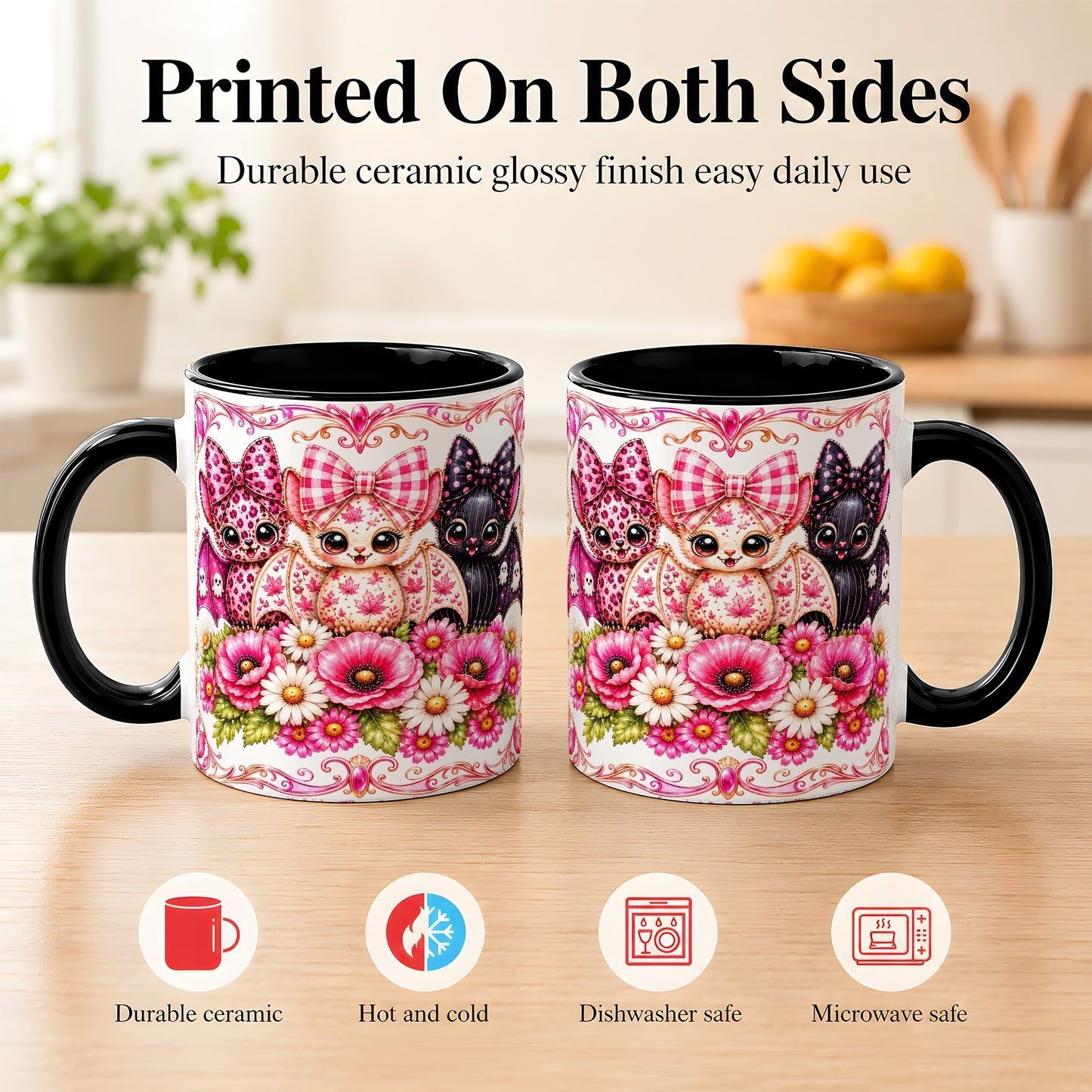 #pl[11oz|Black] Pink Halloween Bats Coffee Mug, Floral Bat Mug, Ceramic Cup