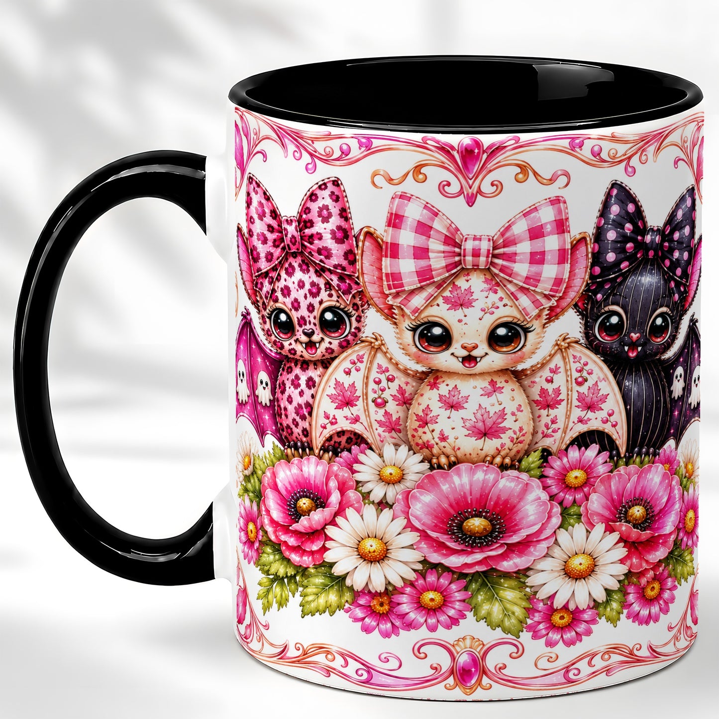 #pl[11oz|Black] Pink Halloween Bats Coffee Mug, Floral Bat Mug, Ceramic Cup