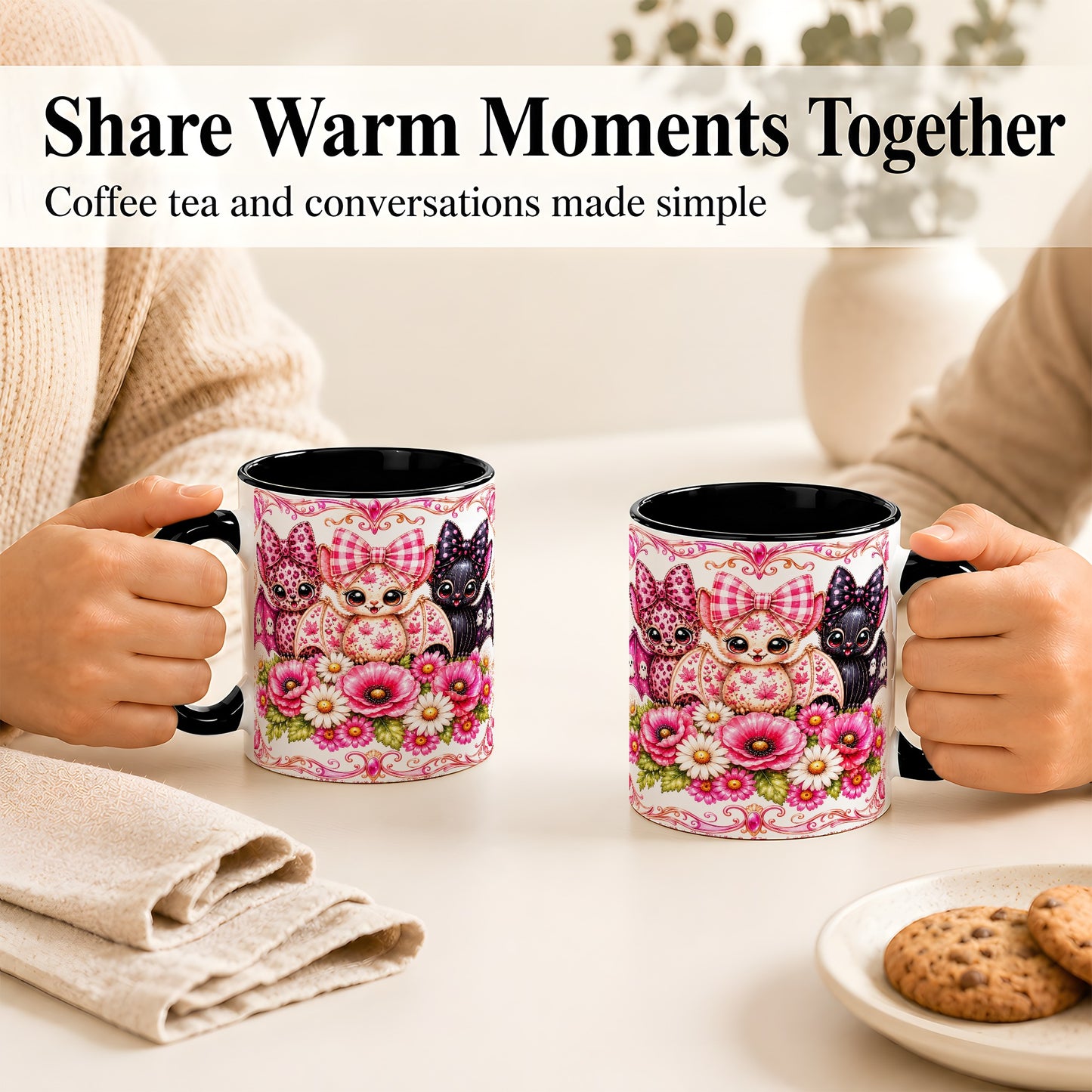 #pl[11oz|Black] Pink Halloween Bats Coffee Mug, Floral Bat Mug, Ceramic Cup