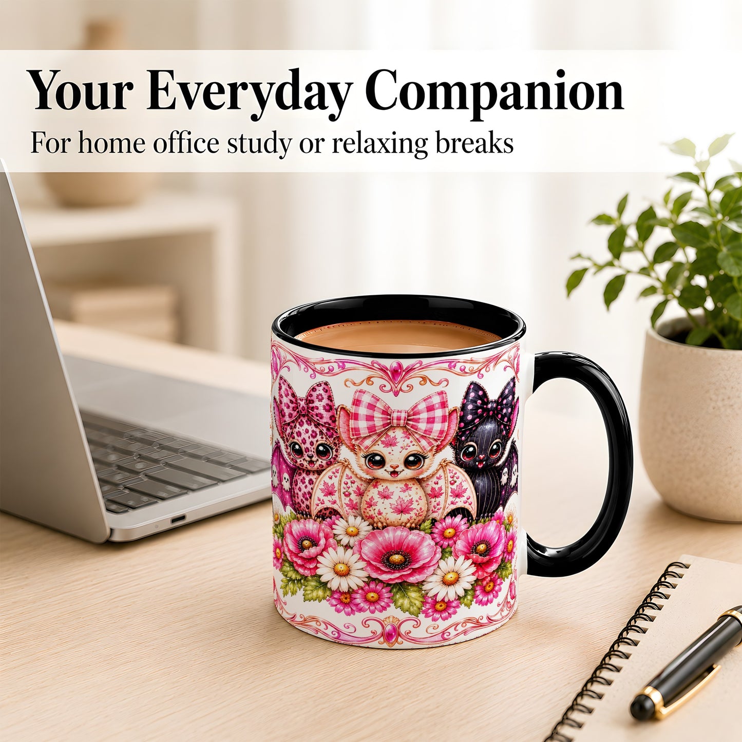 #pl[11oz|Black] Pink Halloween Bats Coffee Mug, Floral Bat Mug, Ceramic Cup