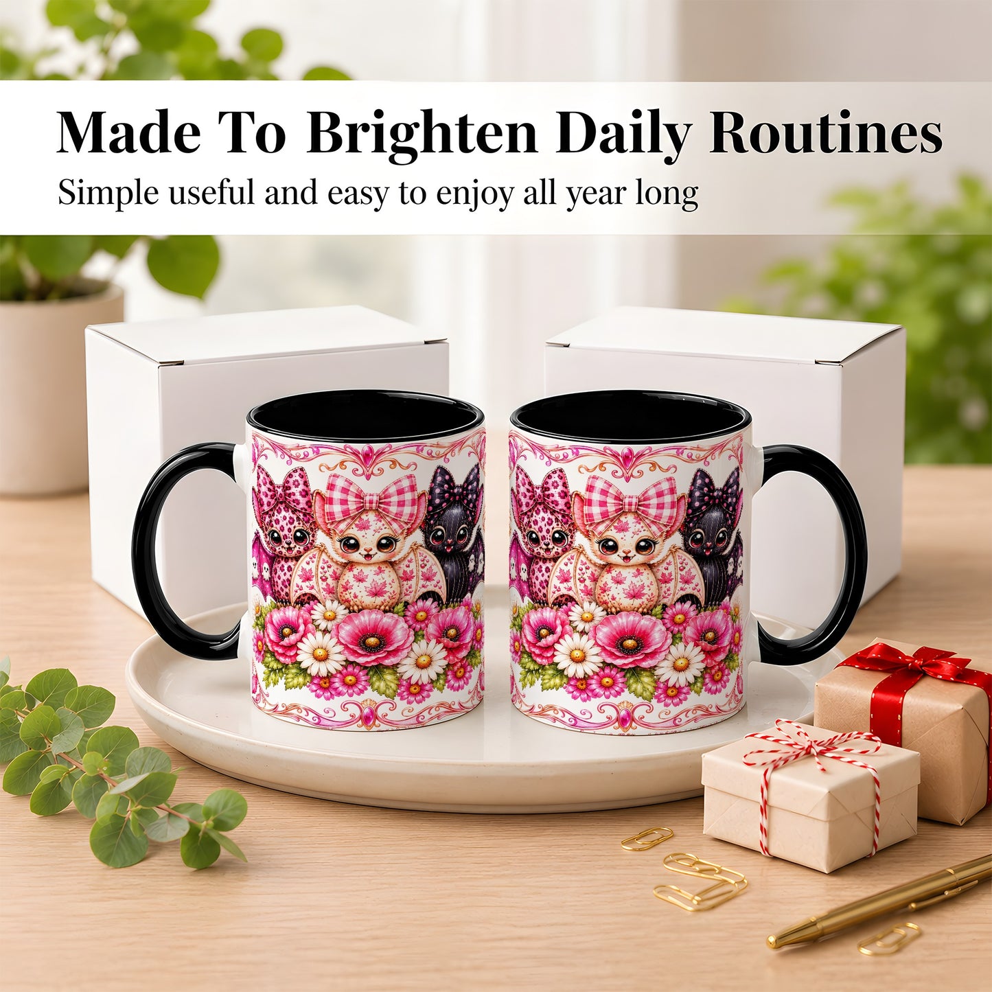 #pl[11oz|Black] Pink Halloween Bats Coffee Mug, Floral Bat Mug, Ceramic Cup