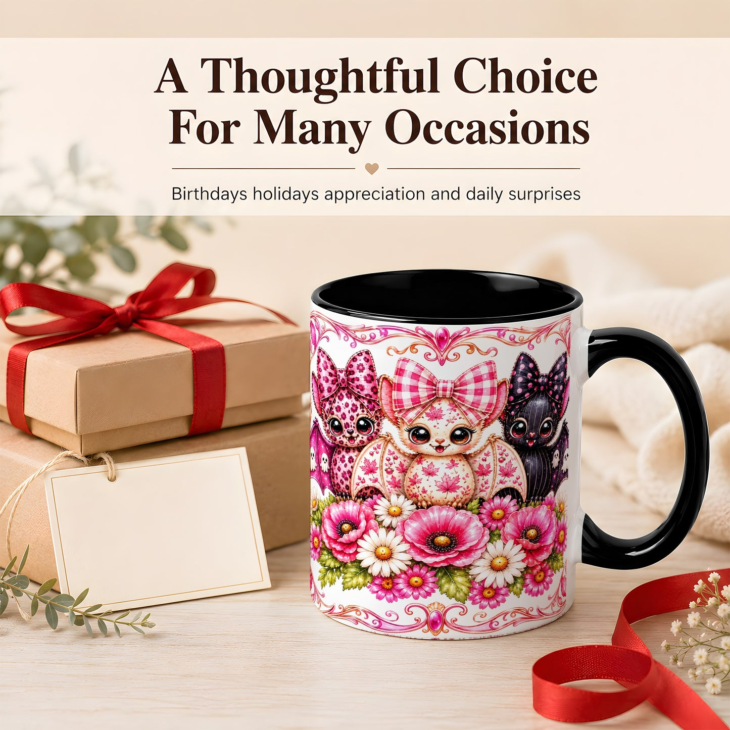 #pl[11oz|Black] Pink Halloween Bats Coffee Mug, Floral Bat Mug, Ceramic Cup