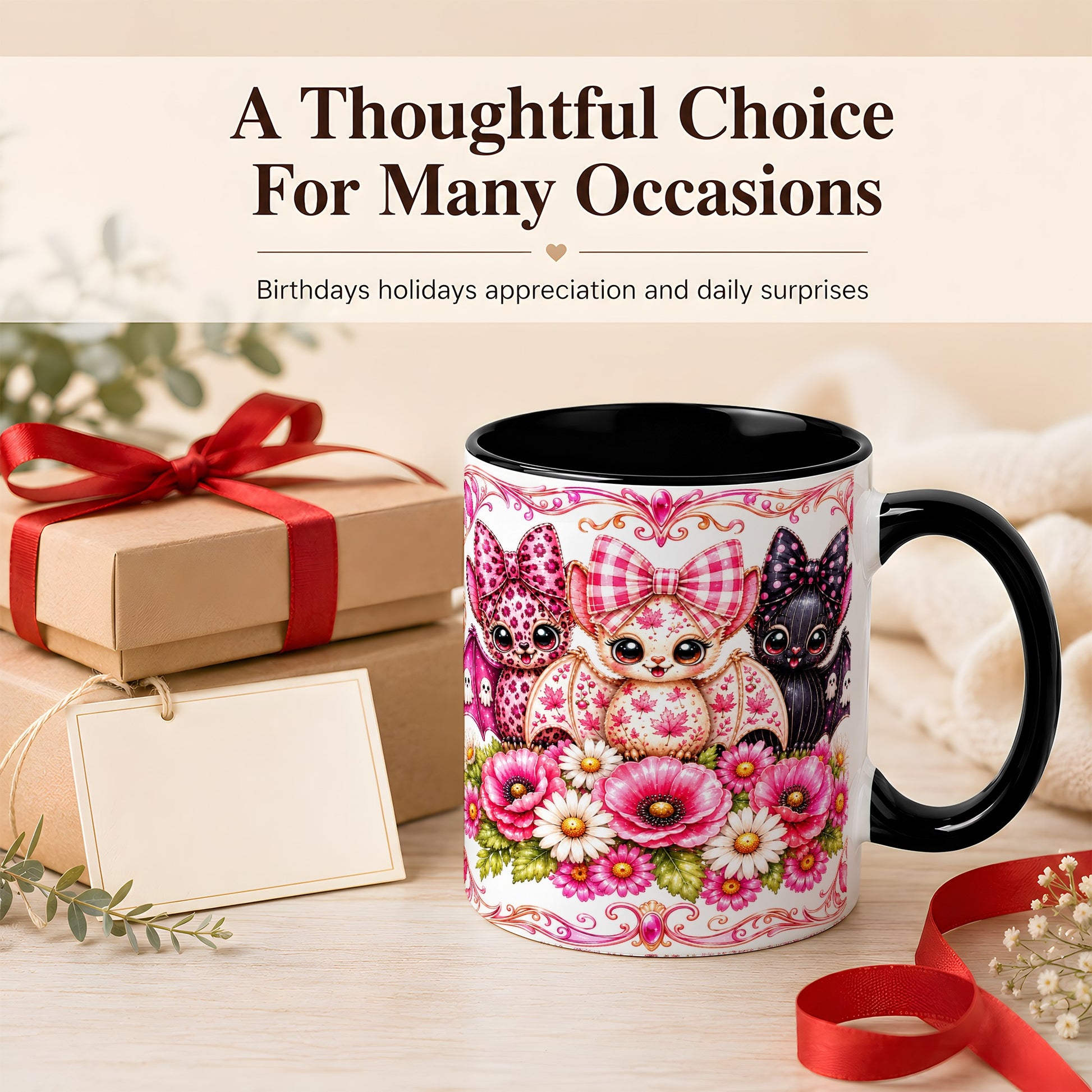 #pl[11oz|Black] Pink Halloween Bats Coffee Mug, Floral Bat Mug, Ceramic Cup