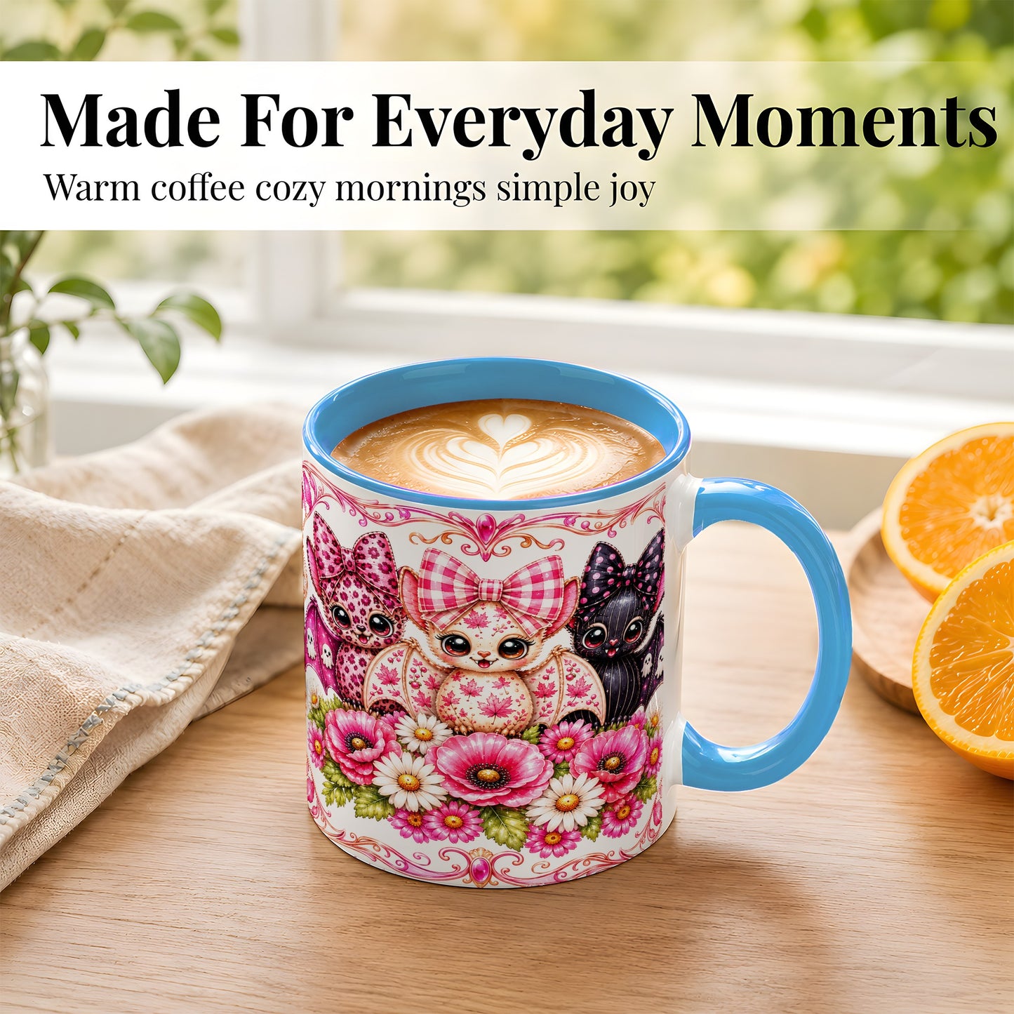 #pl[11oz|Blue] Pink Halloween Bats Coffee Mug, Floral Bat Mug, Ceramic Cup
