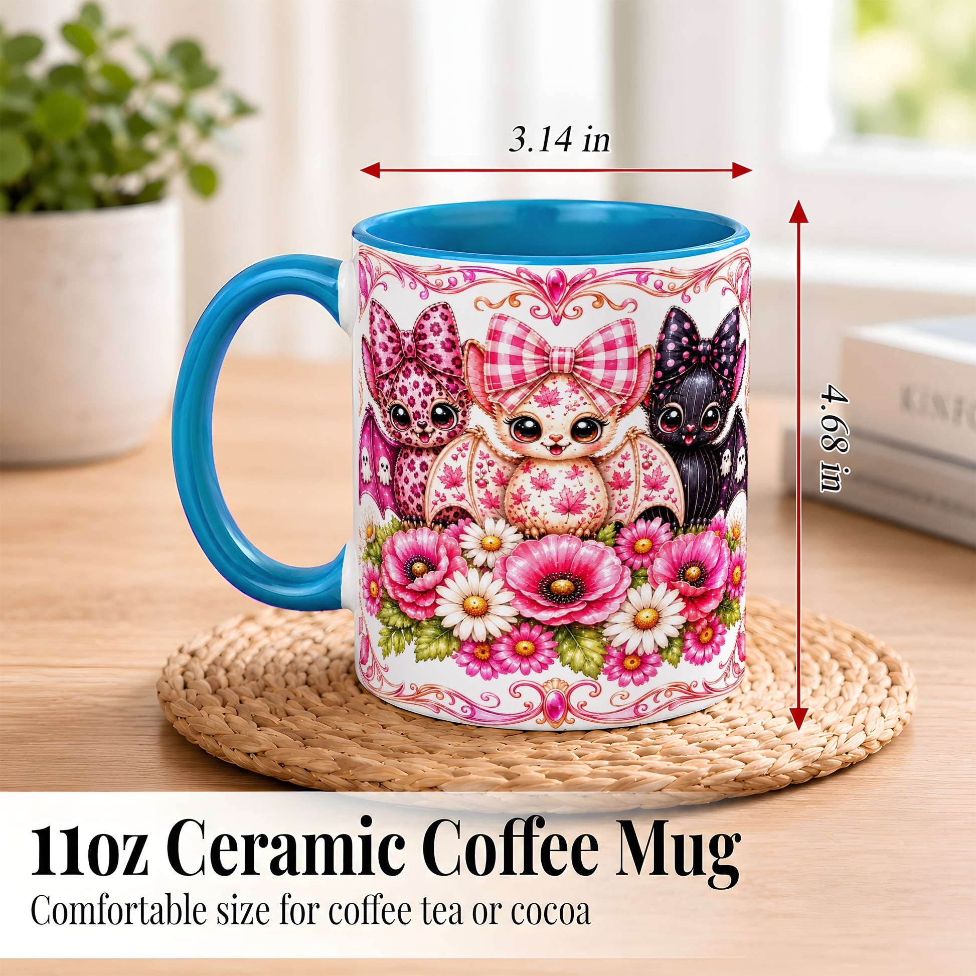 #pl[11oz|Blue] Pink Halloween Bats Coffee Mug, Floral Bat Mug, Ceramic Cup