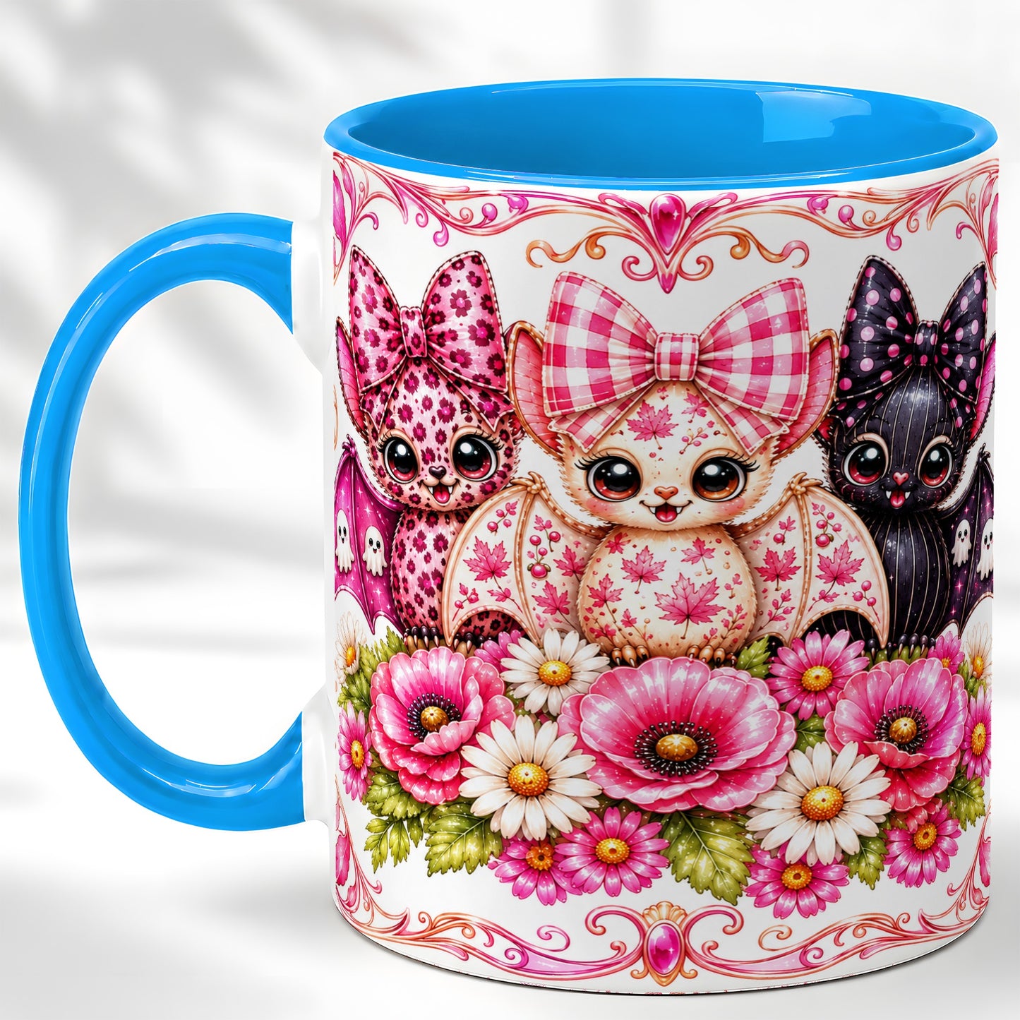 #pl[11oz|Blue] Pink Halloween Bats Coffee Mug, Floral Bat Mug, Ceramic Cup