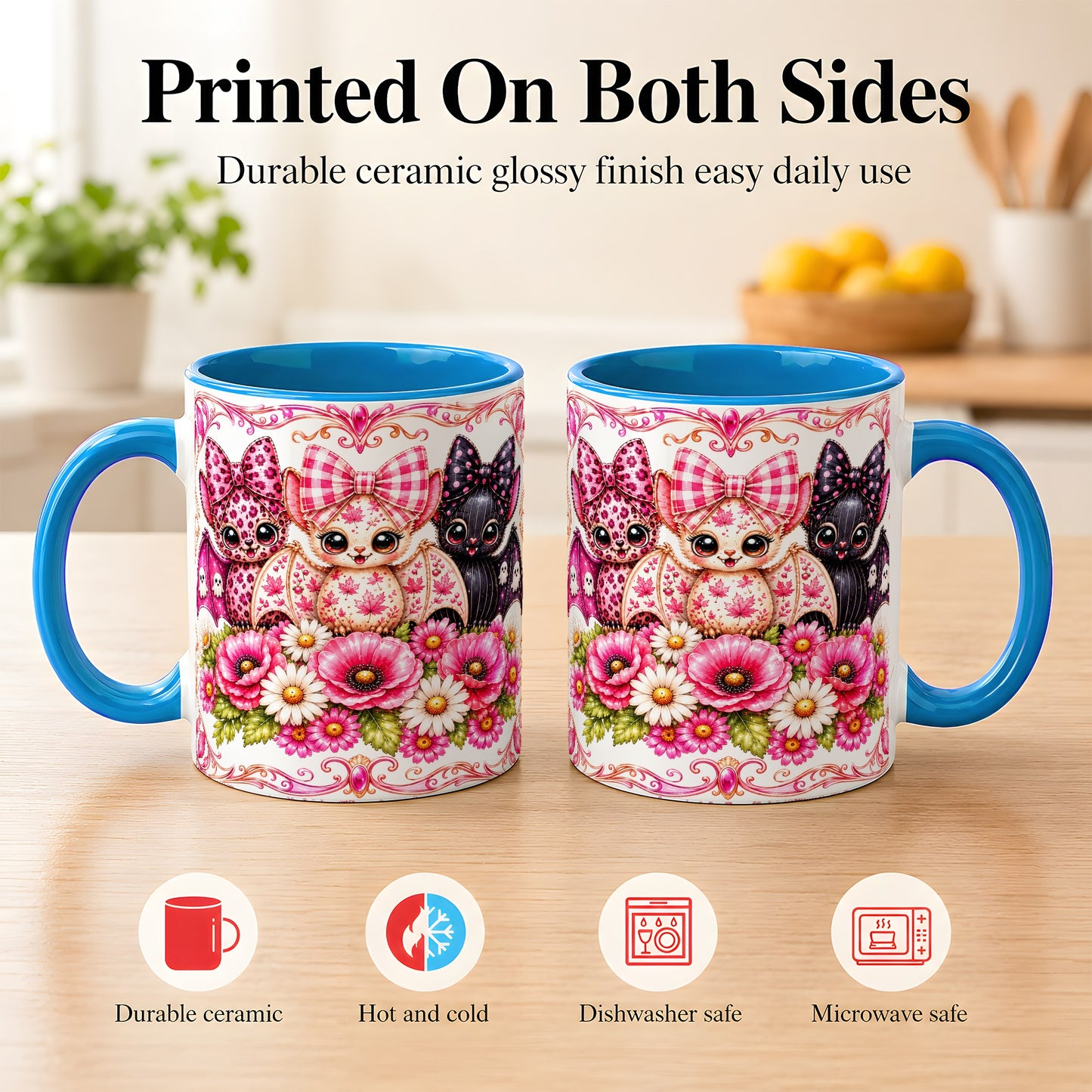 #pl[11oz|Blue] Pink Halloween Bats Coffee Mug, Floral Bat Mug, Ceramic Cup