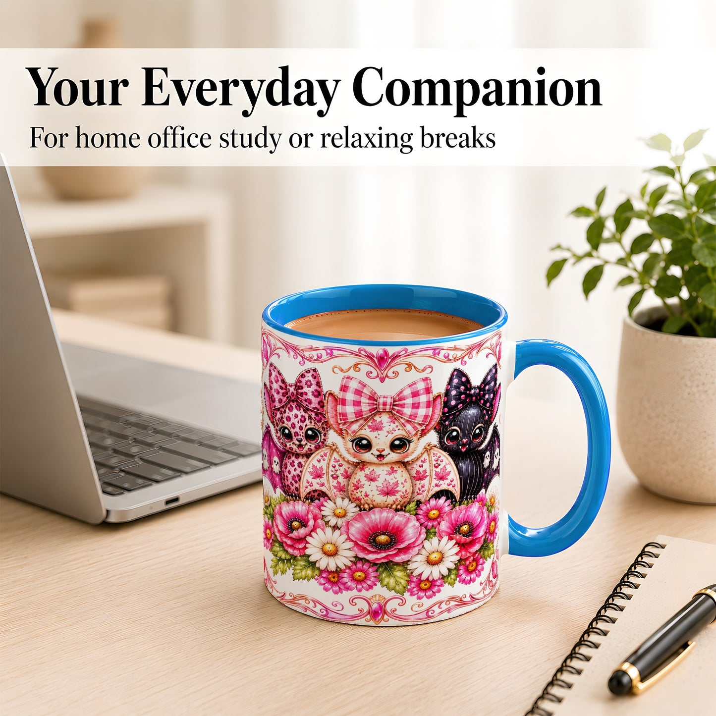 #pl[11oz|Blue] Pink Halloween Bats Coffee Mug, Floral Bat Mug, Ceramic Cup