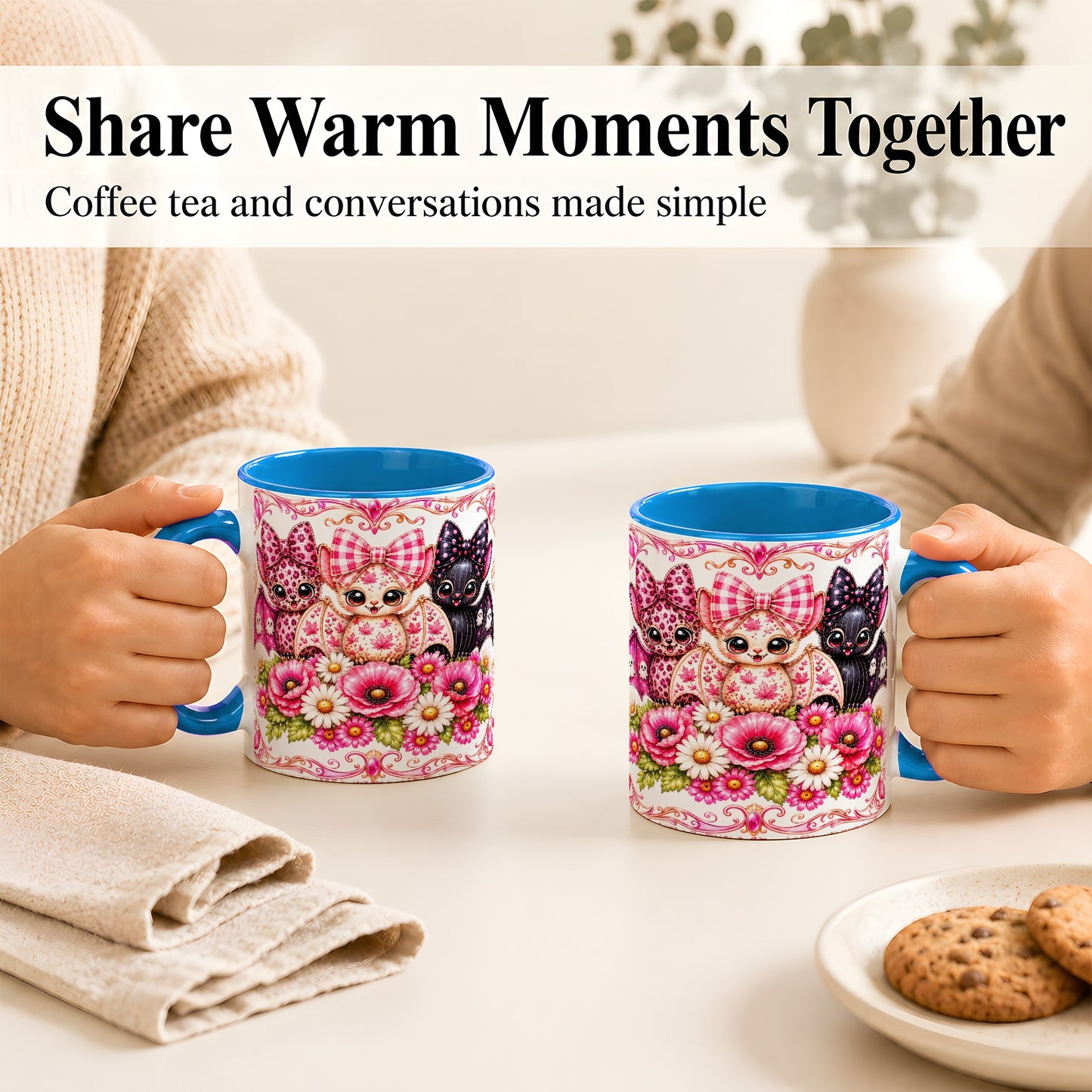#pl[11oz|Blue] Pink Halloween Bats Coffee Mug, Floral Bat Mug, Ceramic Cup