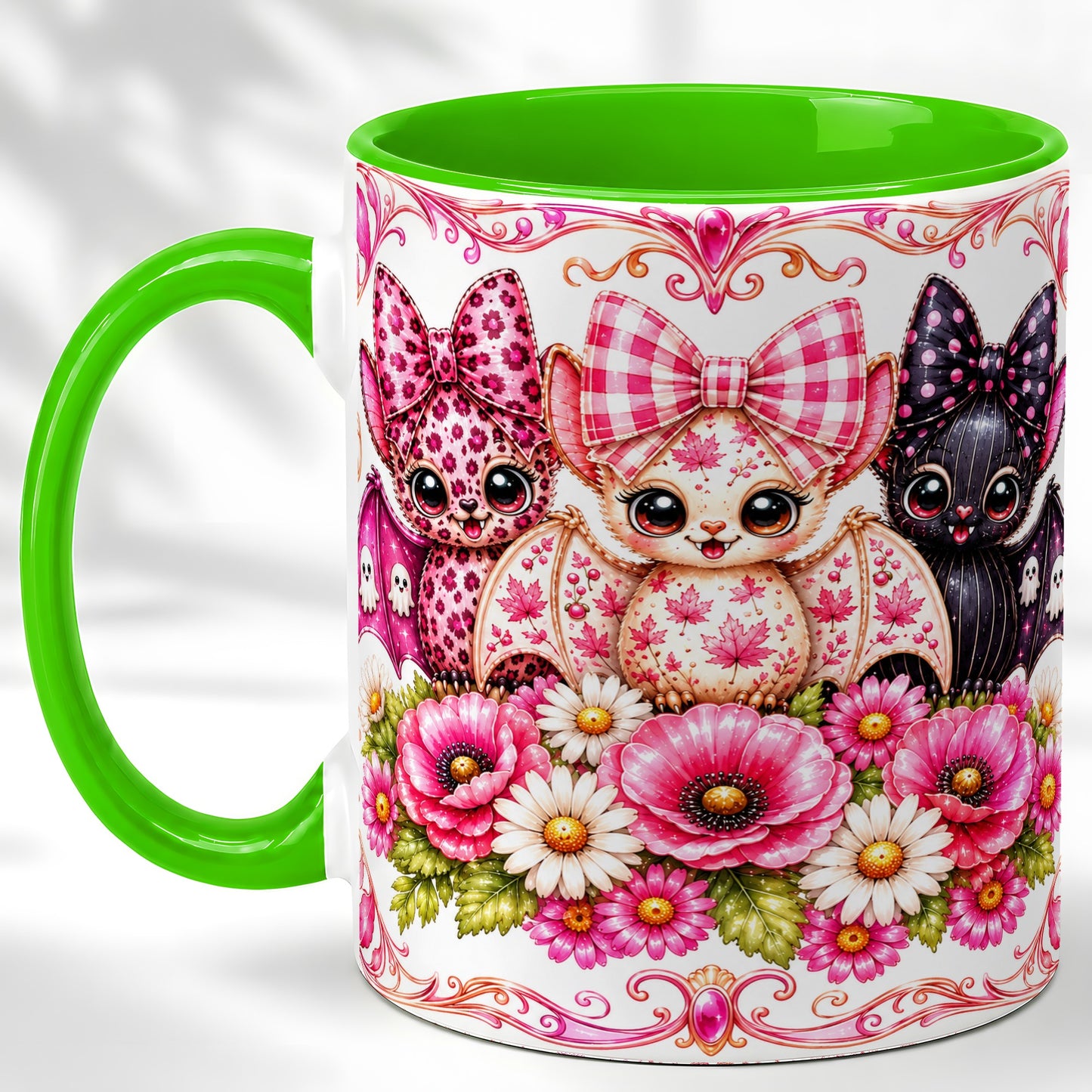 #pl[11oz|Green] Pink Halloween Bats Coffee Mug, Floral Bat Mug, Ceramic Cup