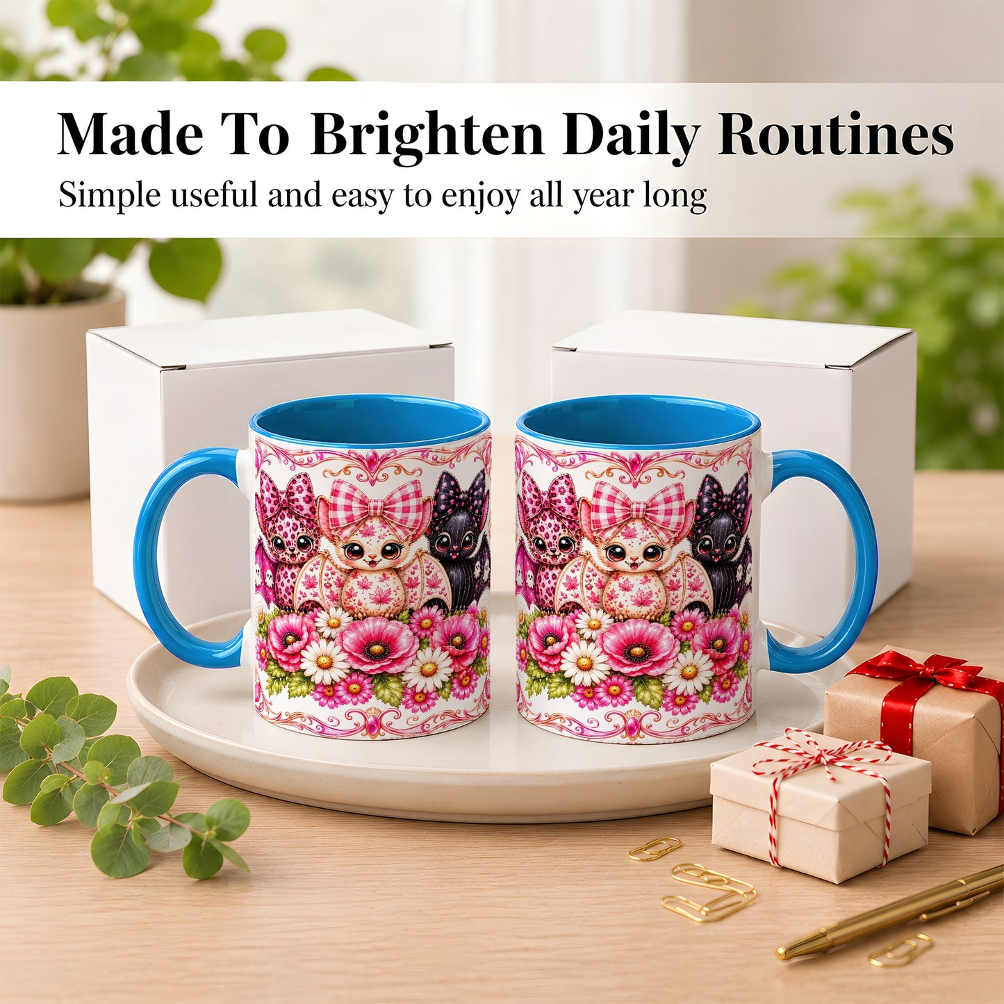 #pl[11oz|Blue] Pink Halloween Bats Coffee Mug, Floral Bat Mug, Ceramic Cup