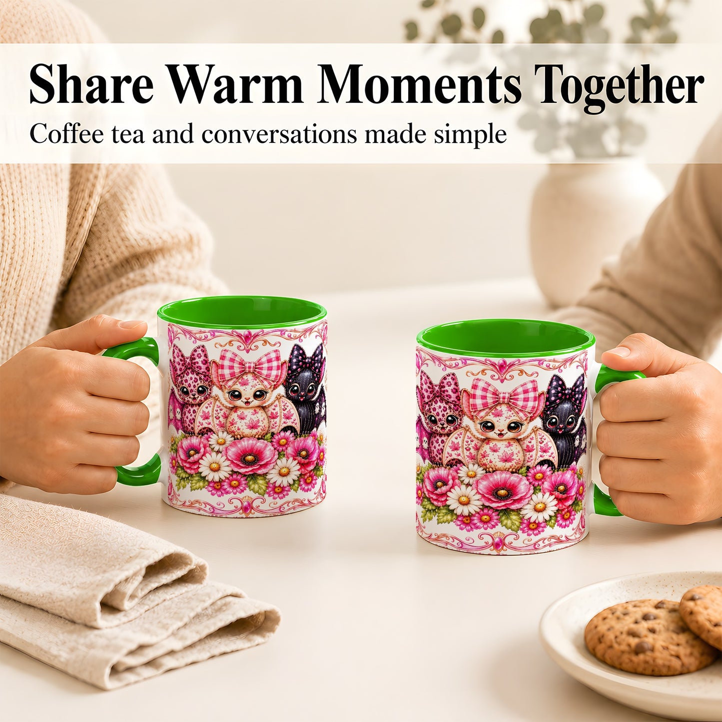 #pl[11oz|Green] Pink Halloween Bats Coffee Mug, Floral Bat Mug, Ceramic Cup