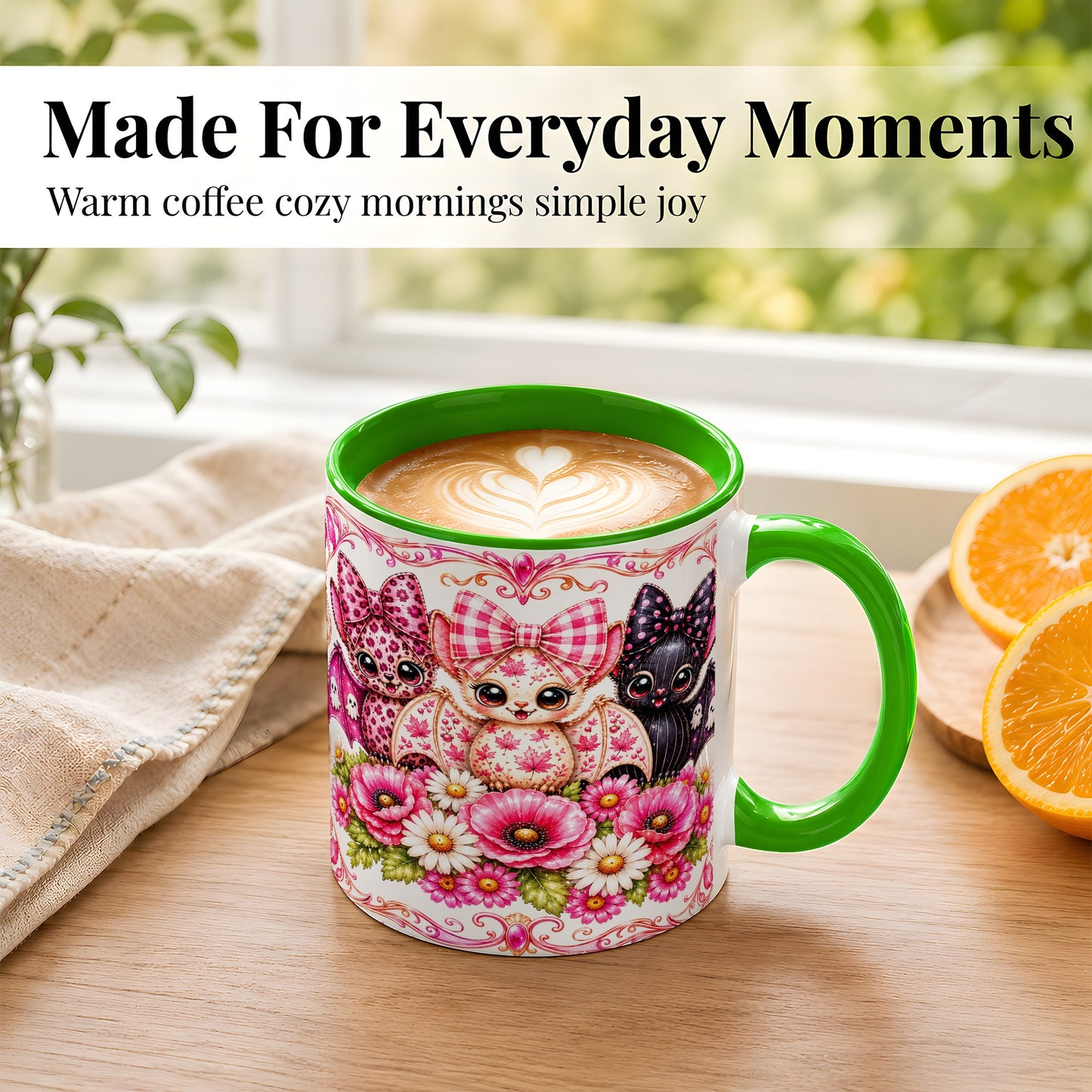 #pl[11oz|Green] Pink Halloween Bats Coffee Mug, Floral Bat Mug, Ceramic Cup
