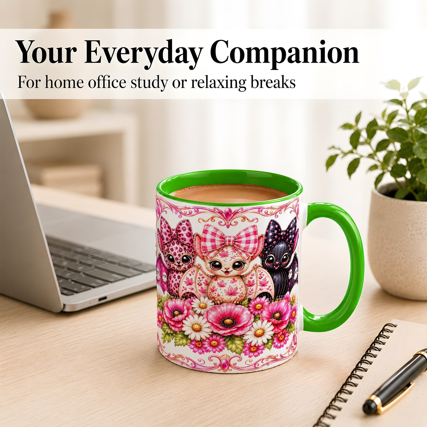 #pl[11oz|Green] Pink Halloween Bats Coffee Mug, Floral Bat Mug, Ceramic Cup