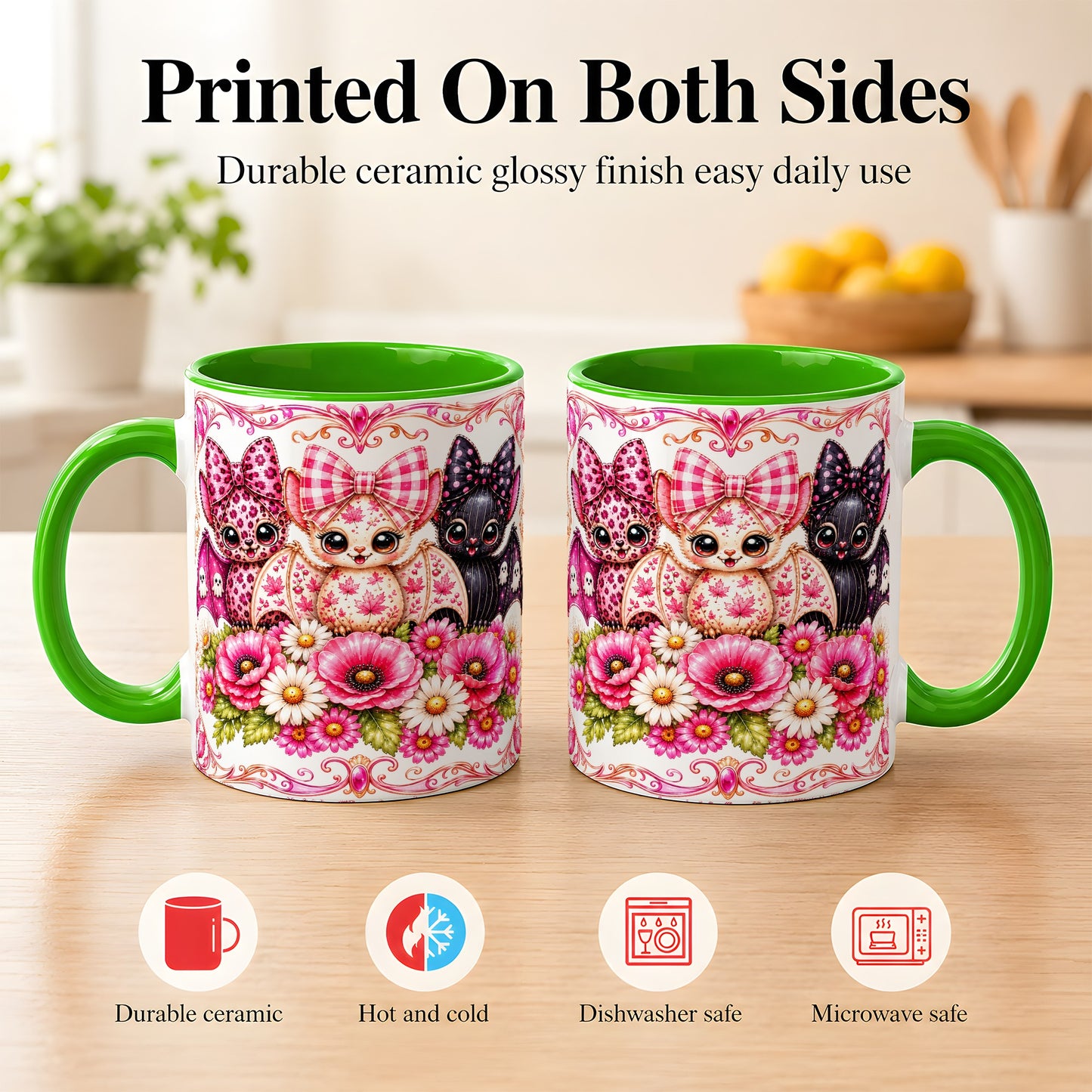 #pl[11oz|Green] Pink Halloween Bats Coffee Mug, Floral Bat Mug, Ceramic Cup
