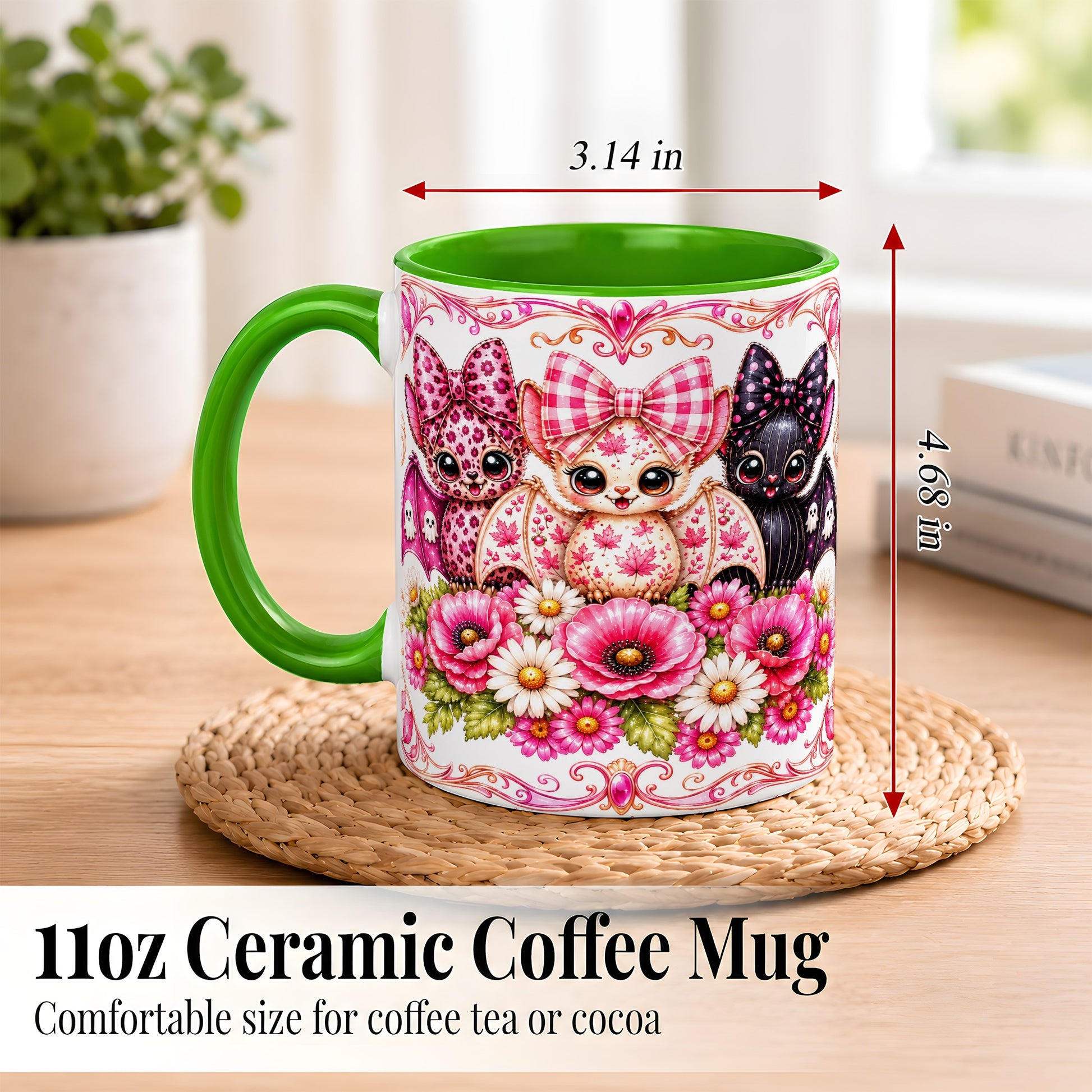 #pl[11oz|Green] Pink Halloween Bats Coffee Mug, Floral Bat Mug, Ceramic Cup