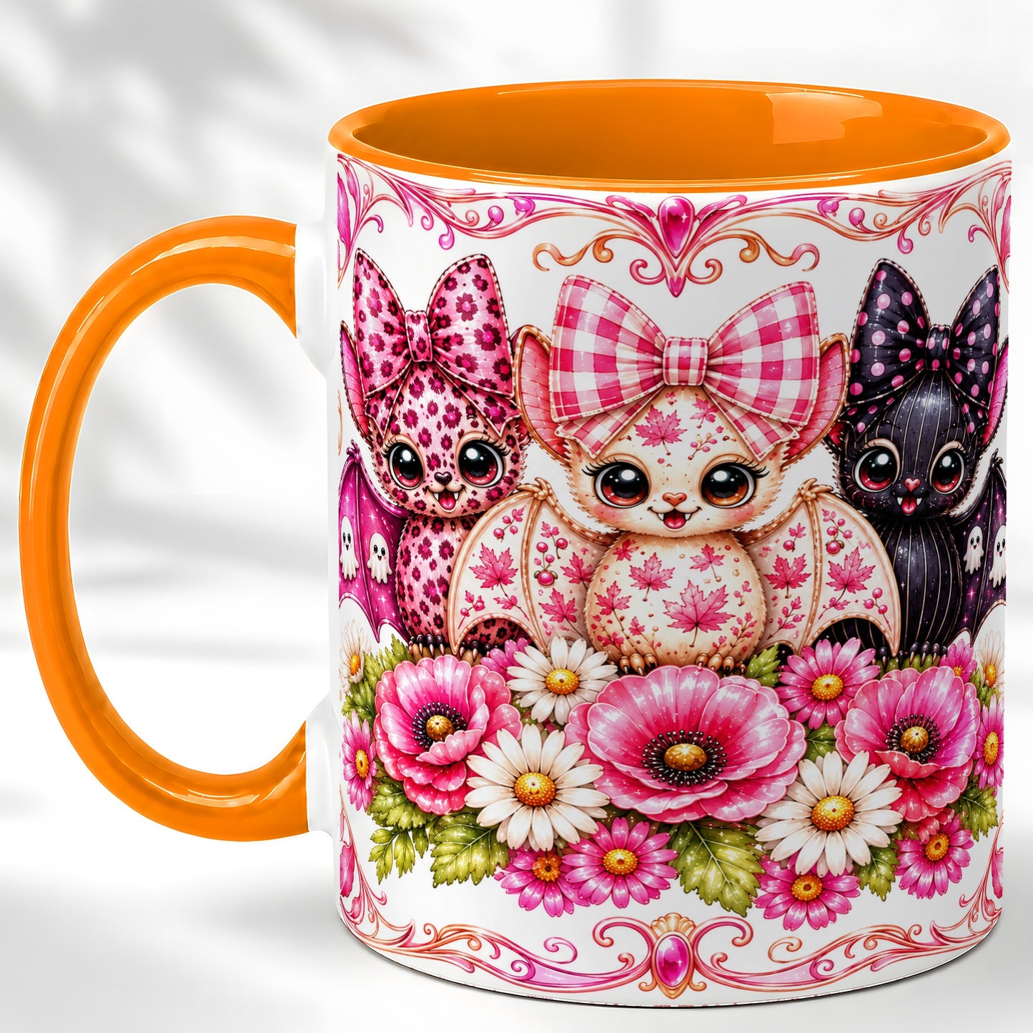 #pl[11oz|Orange] Pink Halloween Bats Coffee Mug, Floral Bat Mug, Ceramic Cup