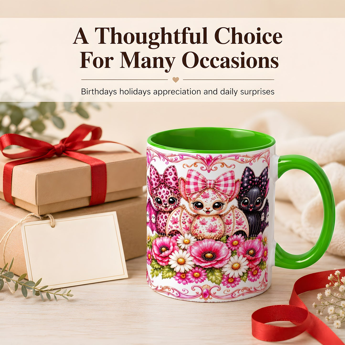 #pl[11oz|Green] Pink Halloween Bats Coffee Mug, Floral Bat Mug, Ceramic Cup