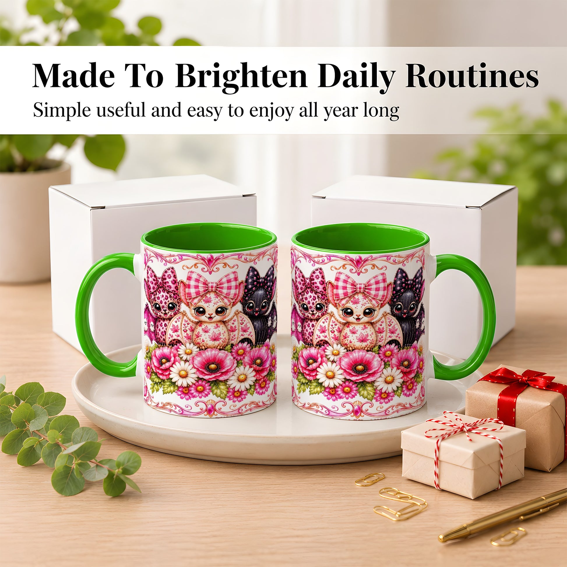 #pl[11oz|Green] Pink Halloween Bats Coffee Mug, Floral Bat Mug, Ceramic Cup