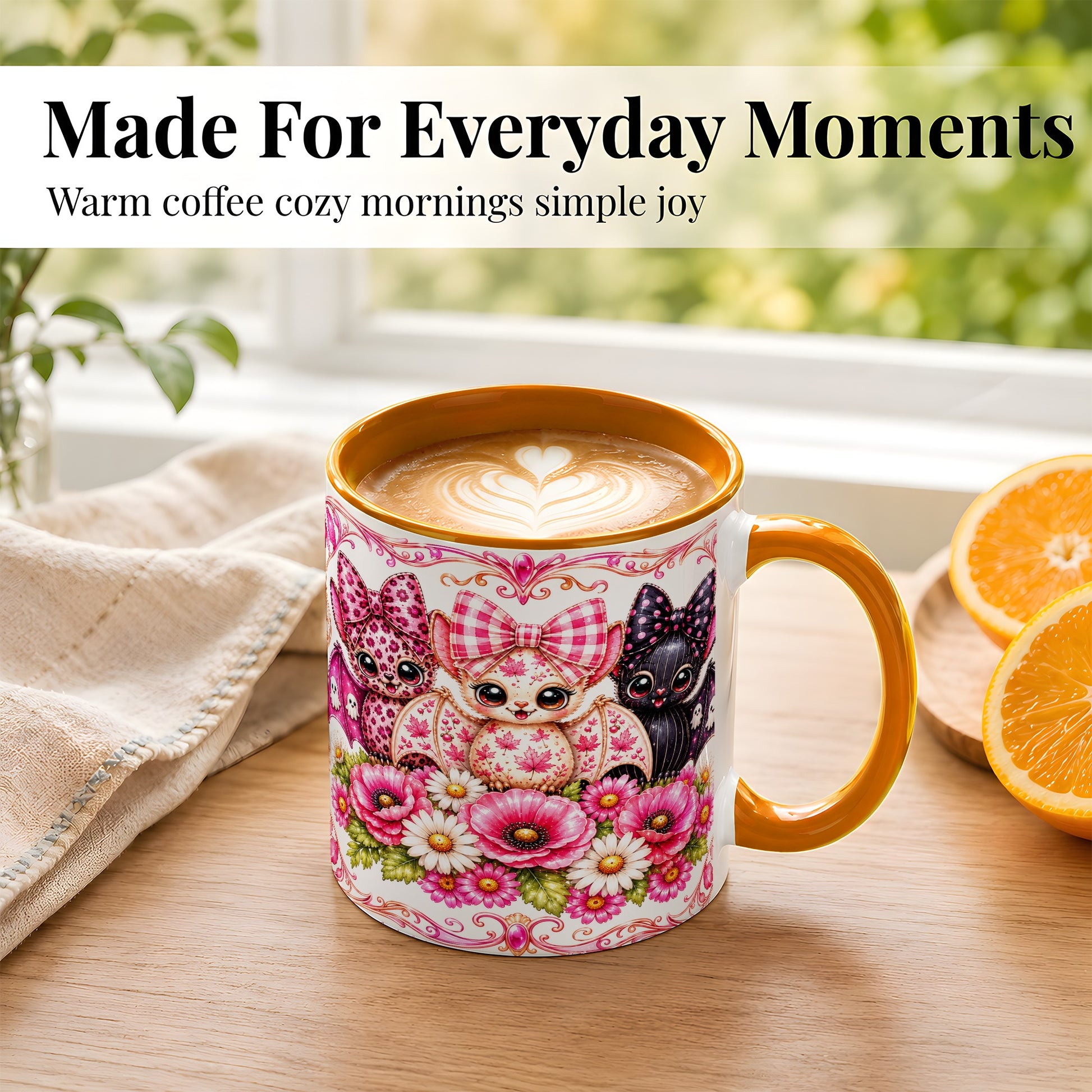 #pl[11oz|Orange] Pink Halloween Bats Coffee Mug, Floral Bat Mug, Ceramic Cup