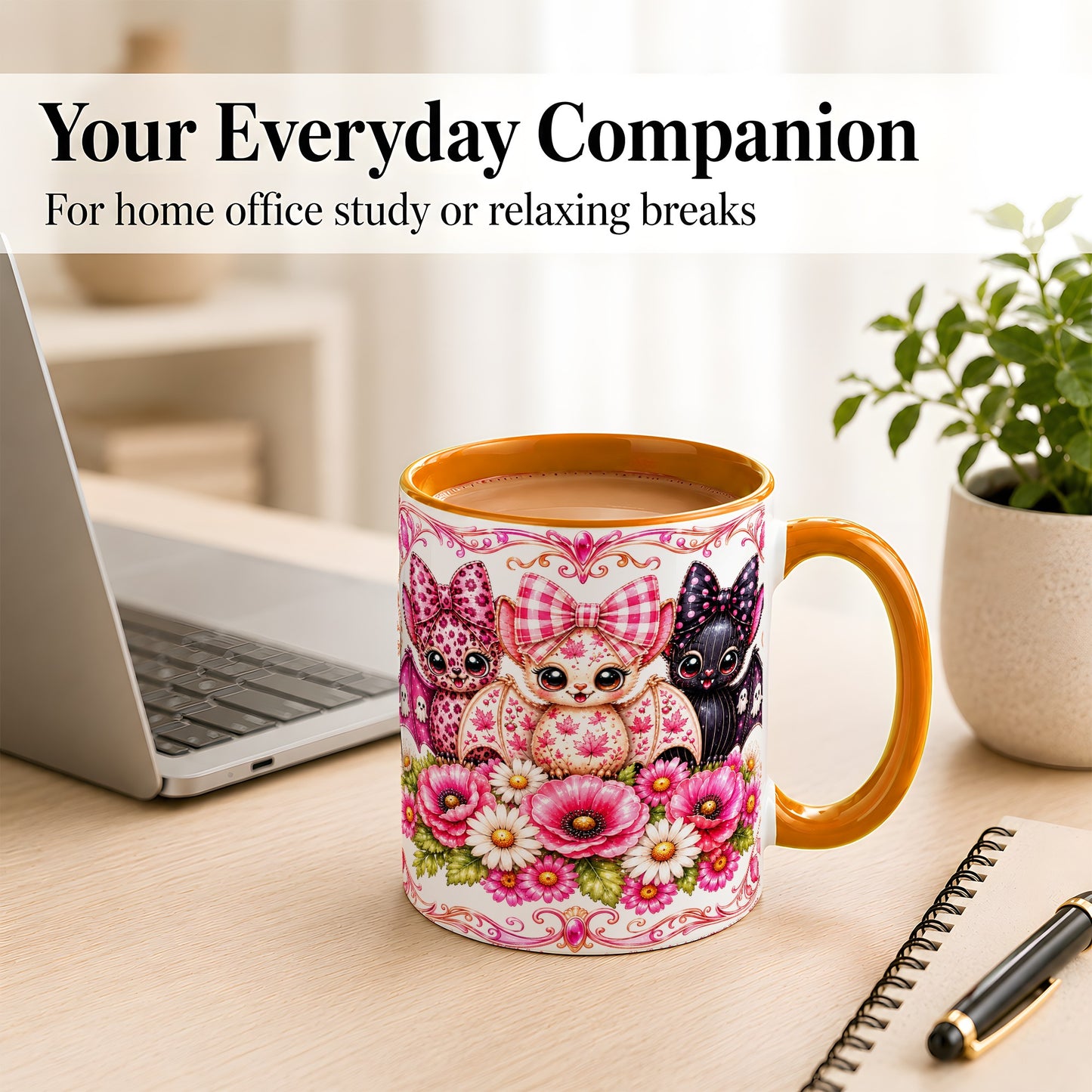 #pl[11oz|Orange] Pink Halloween Bats Coffee Mug, Floral Bat Mug, Ceramic Cup