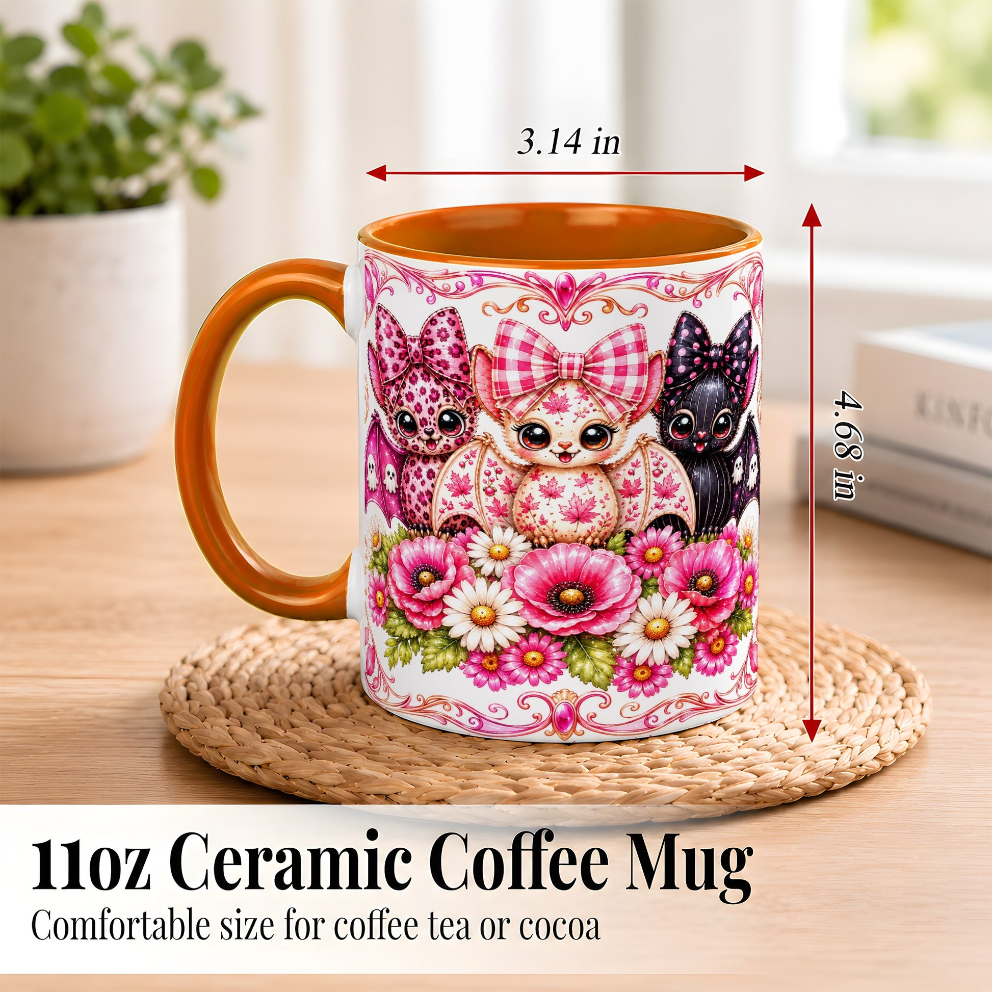 #pl[11oz|Orange] Pink Halloween Bats Coffee Mug, Floral Bat Mug, Ceramic Cup