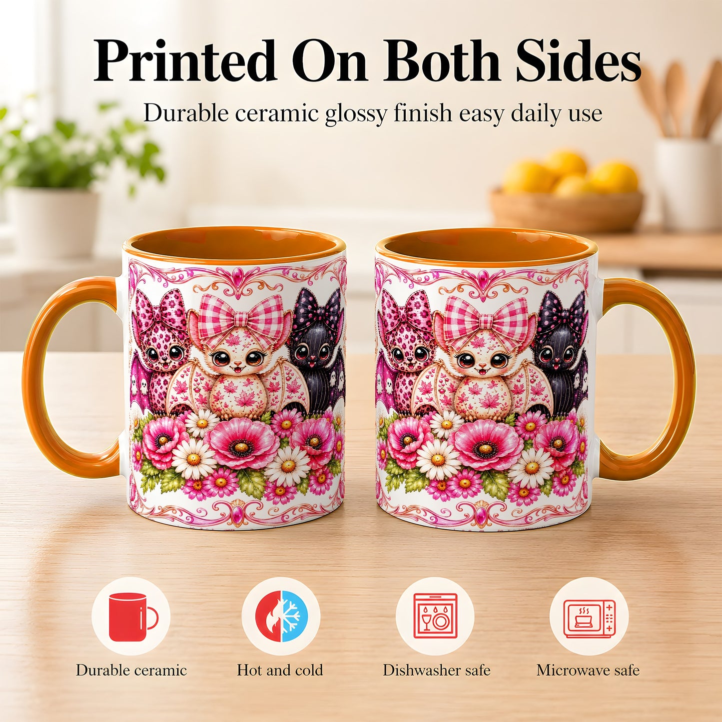 #pl[11oz|Orange] Pink Halloween Bats Coffee Mug, Floral Bat Mug, Ceramic Cup