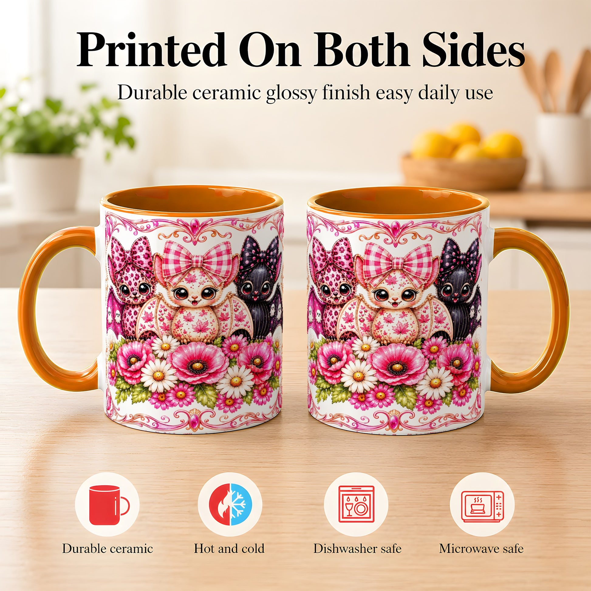 #pl[11oz|Orange] Pink Halloween Bats Coffee Mug, Floral Bat Mug, Ceramic Cup