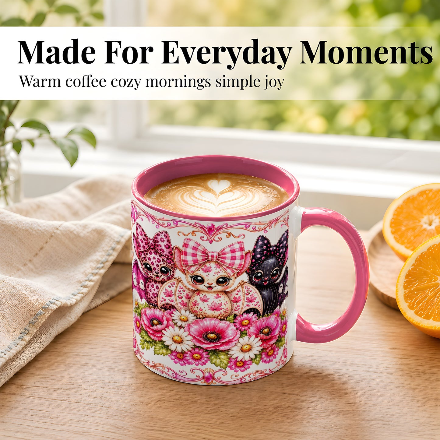 #pl[11oz|Pink] Pink Halloween Bats Coffee Mug, Floral Bat Mug, Ceramic Cup