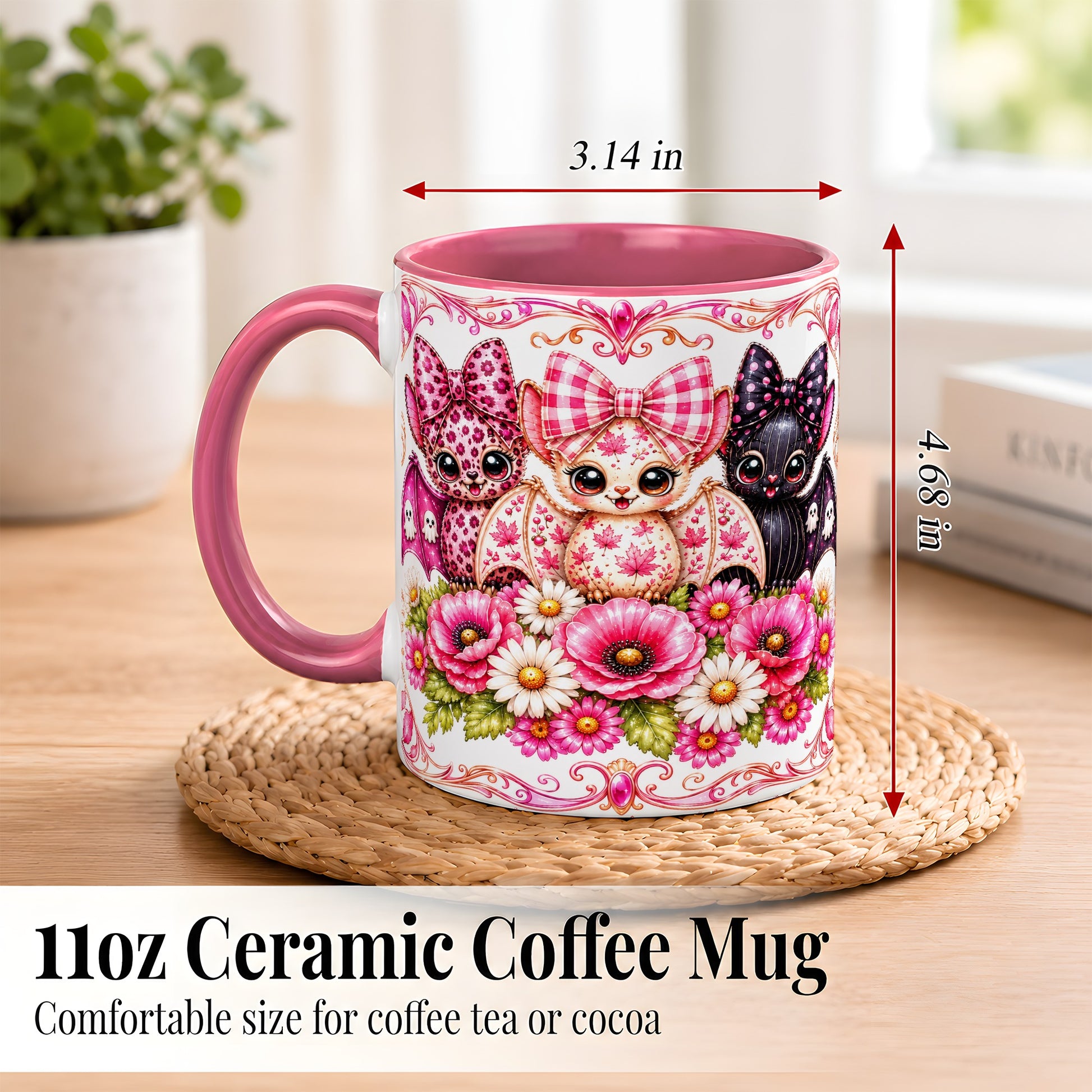 #pl[11oz|Pink] Pink Halloween Bats Coffee Mug, Floral Bat Mug, Ceramic Cup