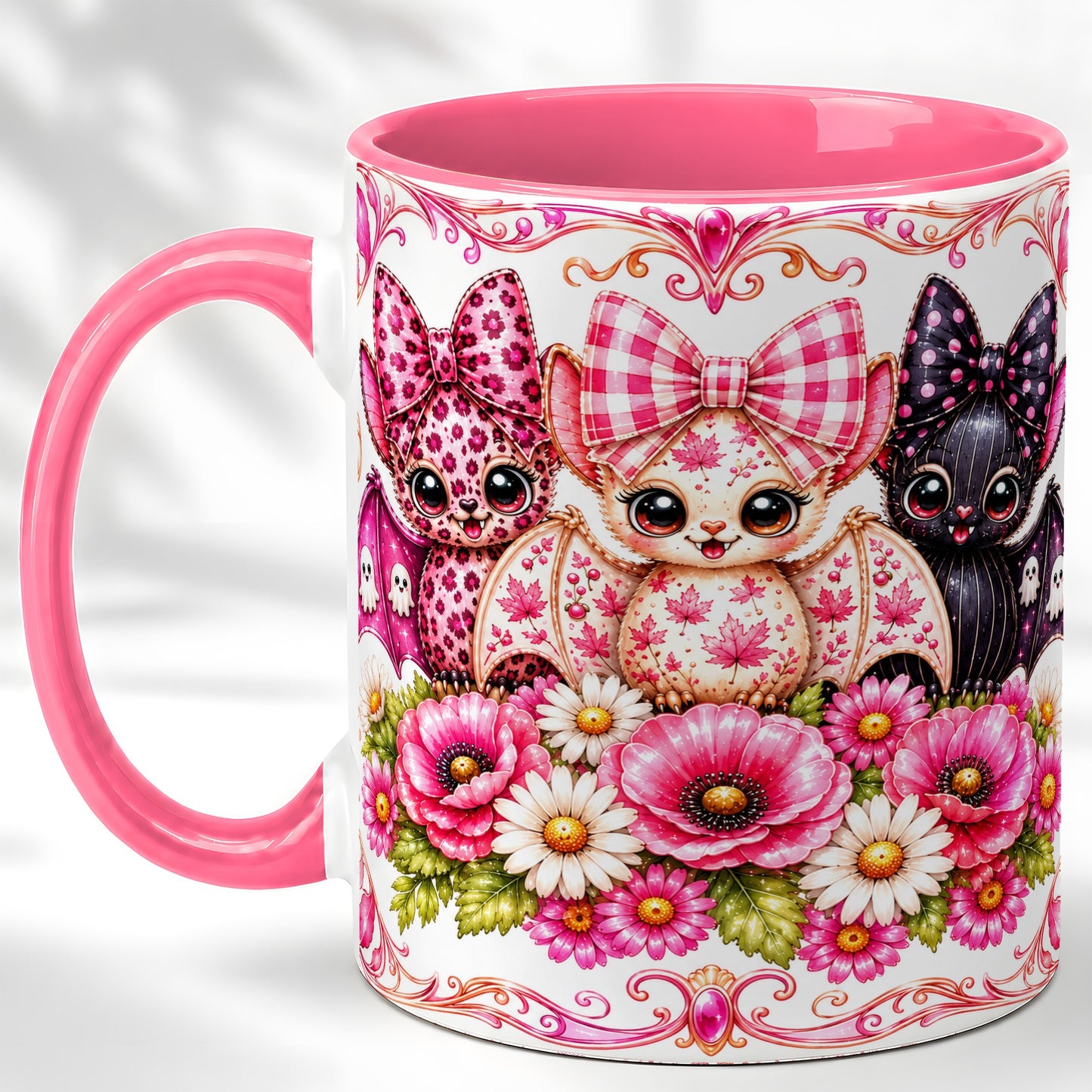 #pl[11oz|Pink] Pink Halloween Bats Coffee Mug, Floral Bat Mug, Ceramic Cup