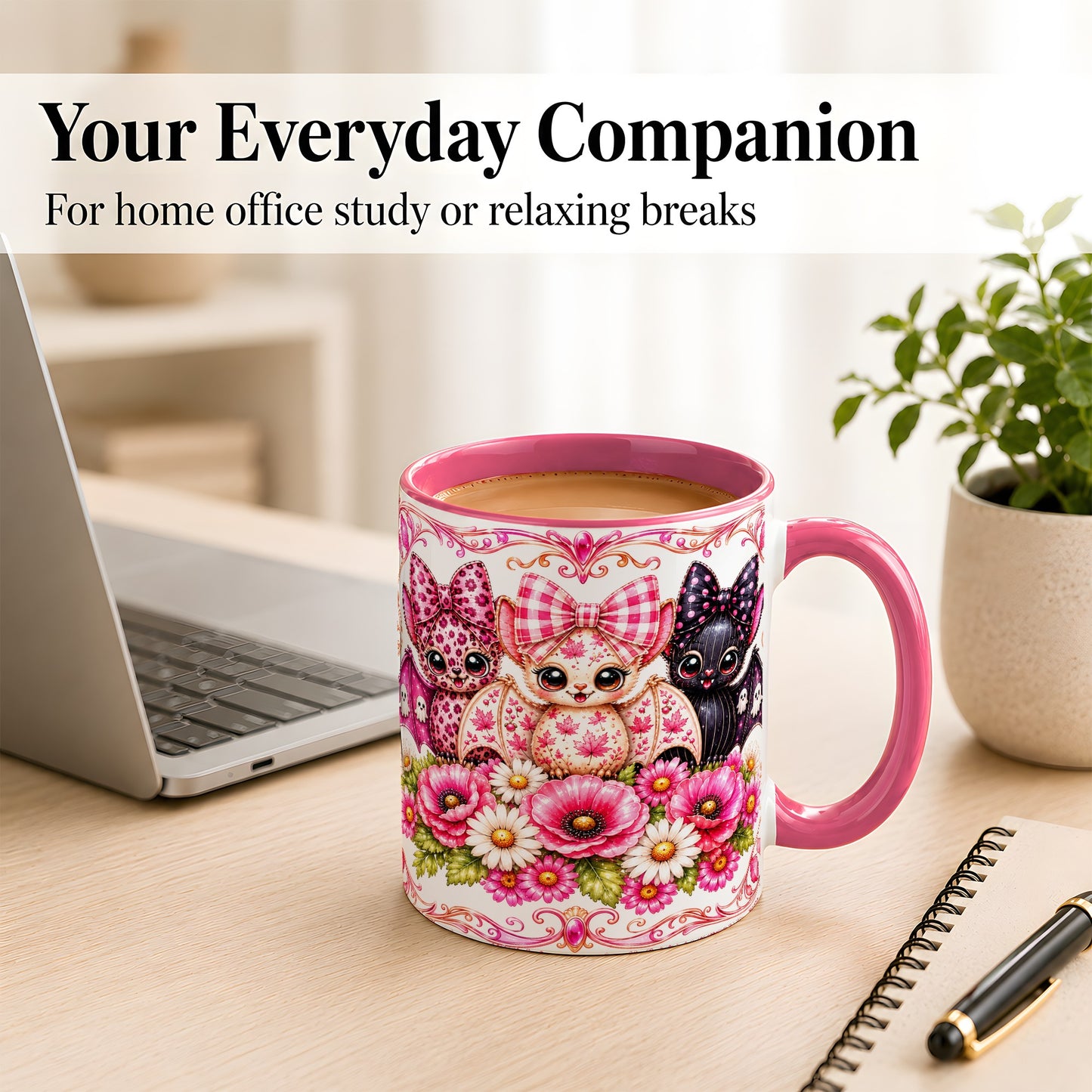 #pl[11oz|Pink] Pink Halloween Bats Coffee Mug, Floral Bat Mug, Ceramic Cup