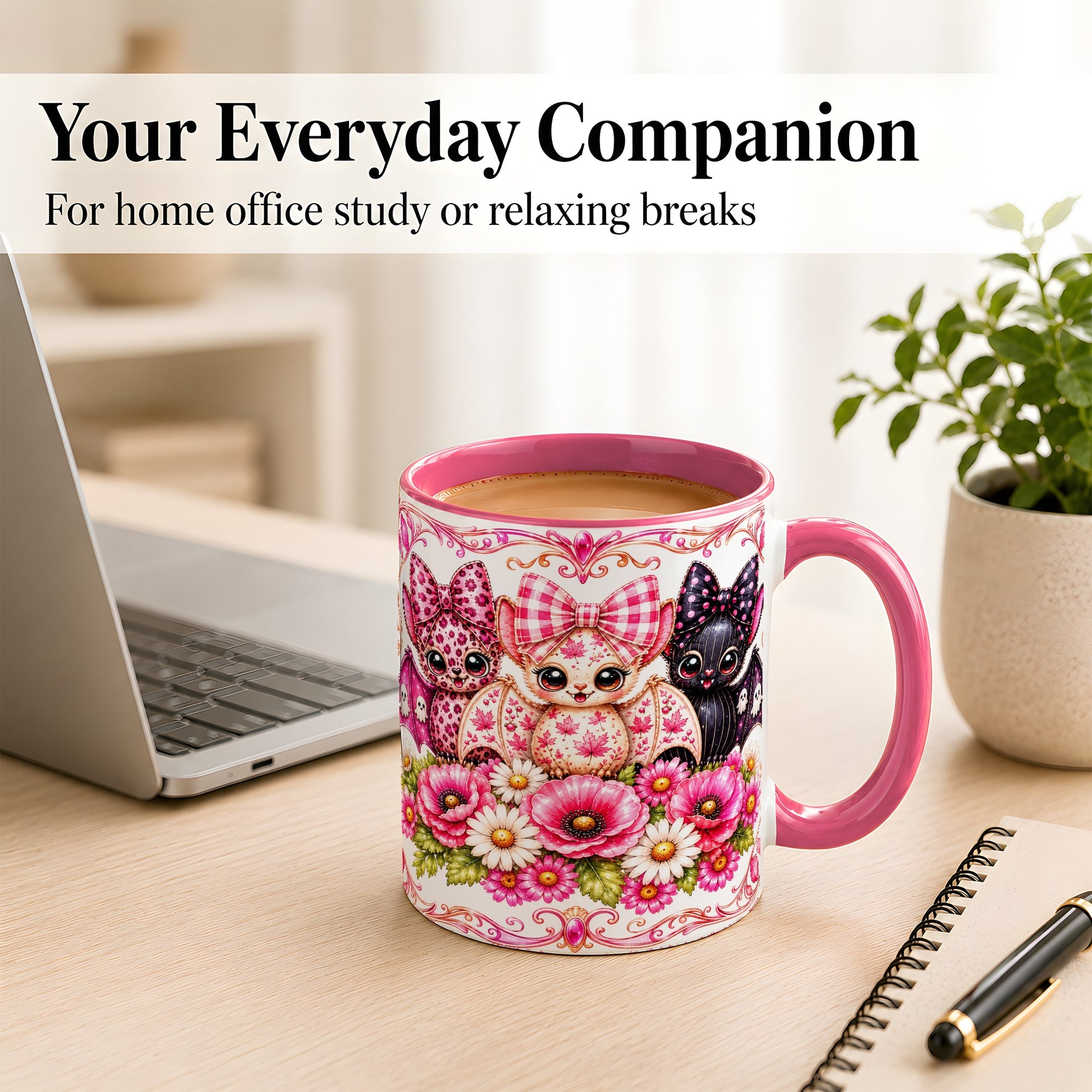 #pl[11oz|Pink] Pink Halloween Bats Coffee Mug, Floral Bat Mug, Ceramic Cup