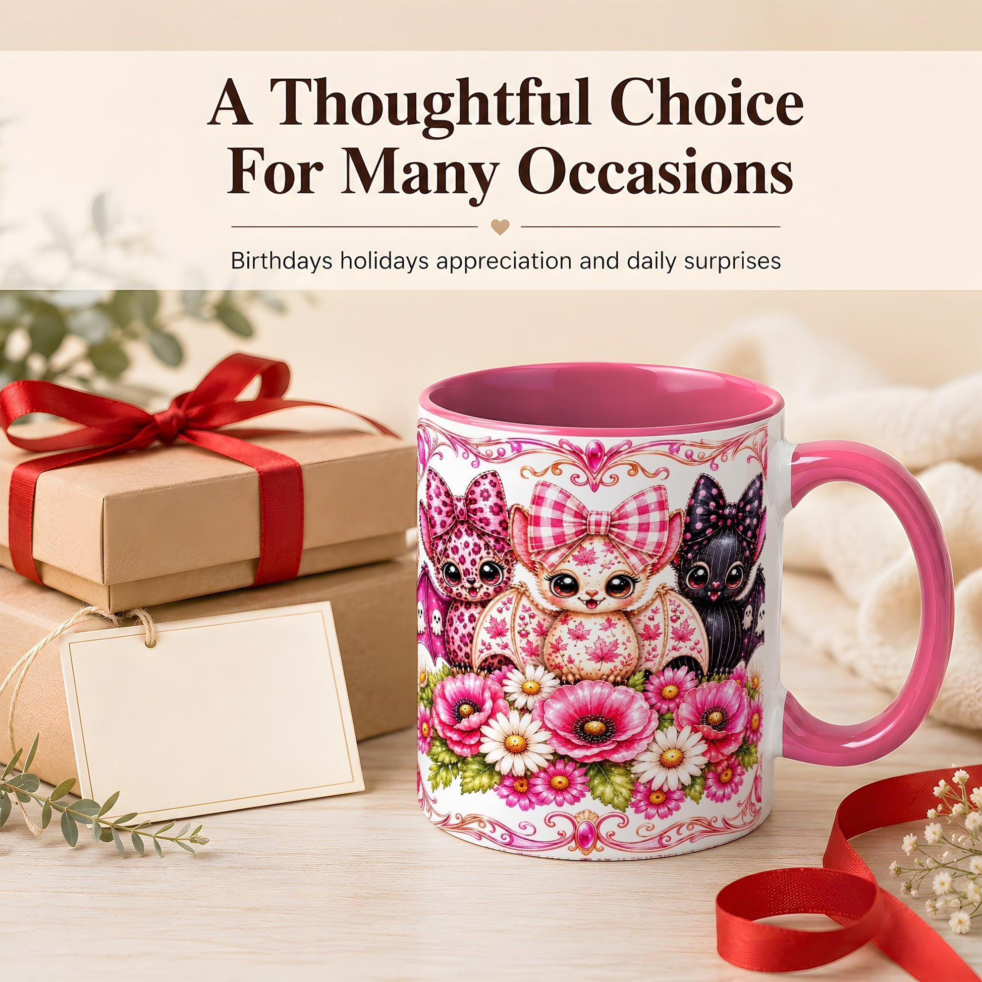 #pl[11oz|Pink] Pink Halloween Bats Coffee Mug, Floral Bat Mug, Ceramic Cup