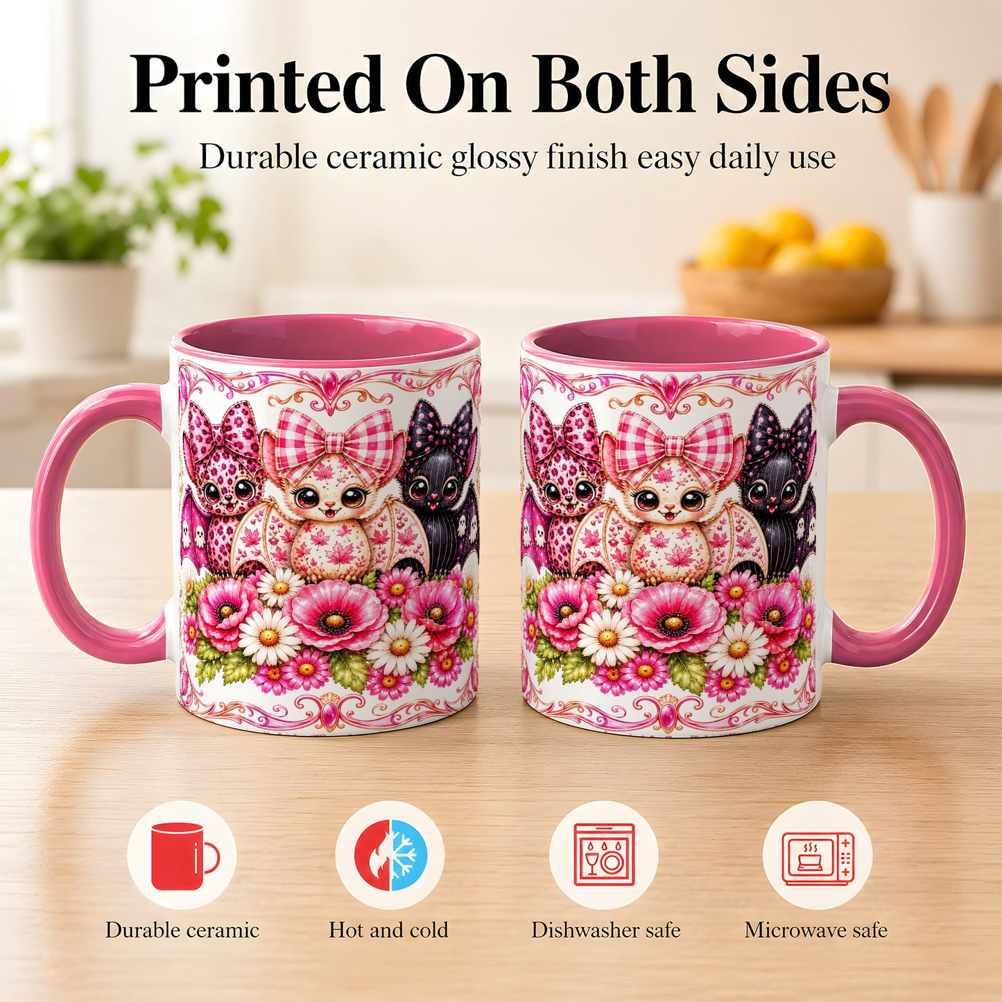 #pl[11oz|Pink] Pink Halloween Bats Coffee Mug, Floral Bat Mug, Ceramic Cup