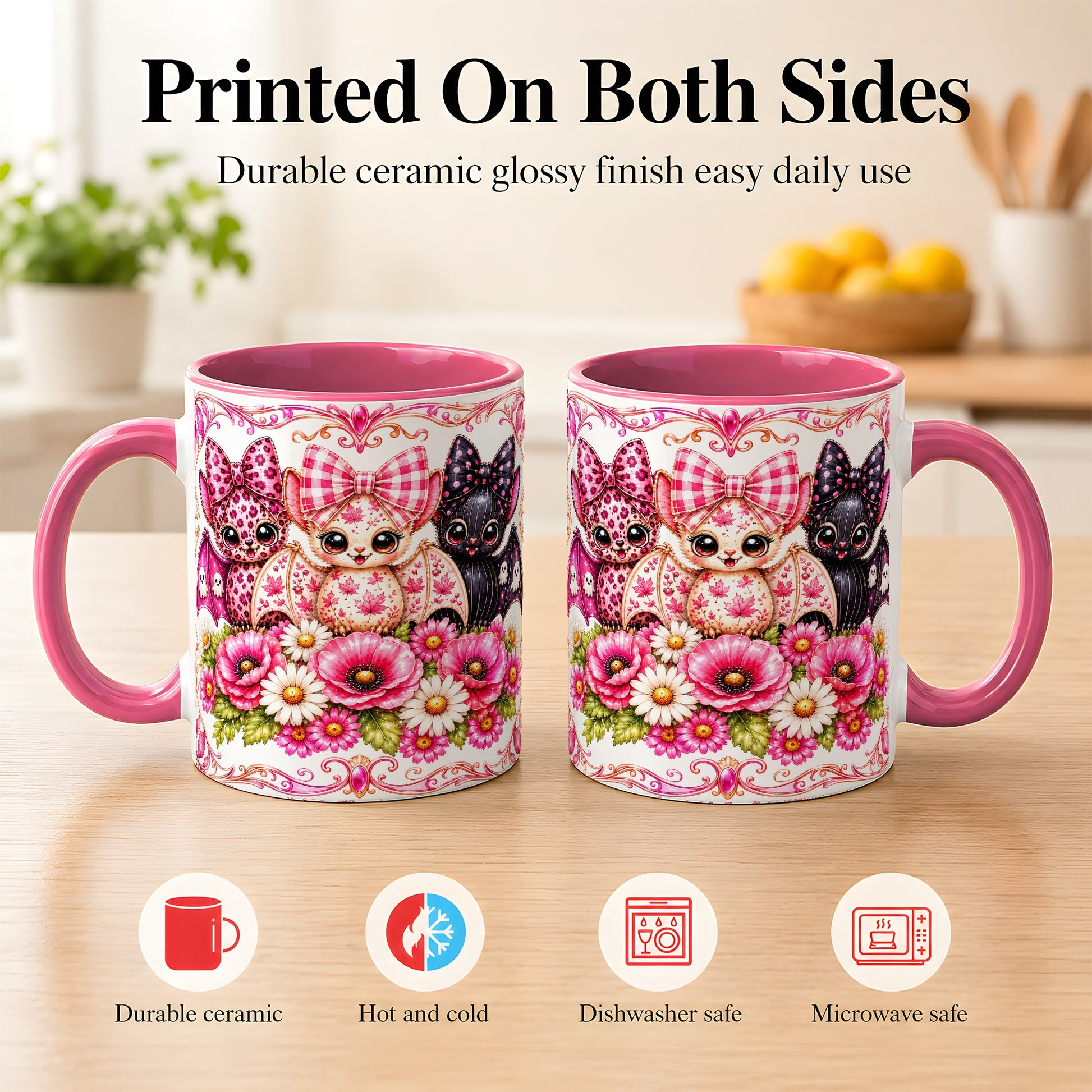 #pl[11oz|Pink] Pink Halloween Bats Coffee Mug, Floral Bat Mug, Ceramic Cup