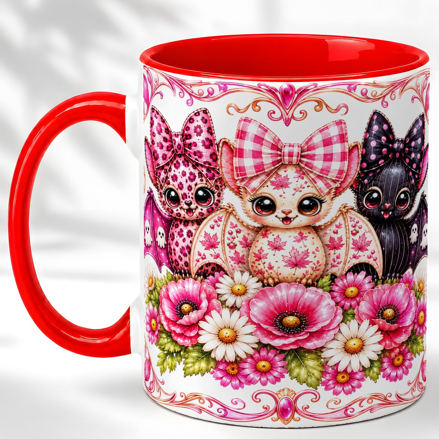 #pl[11oz|Red] Pink Halloween Bats Coffee Mug, Floral Bat Mug, Ceramic Cup