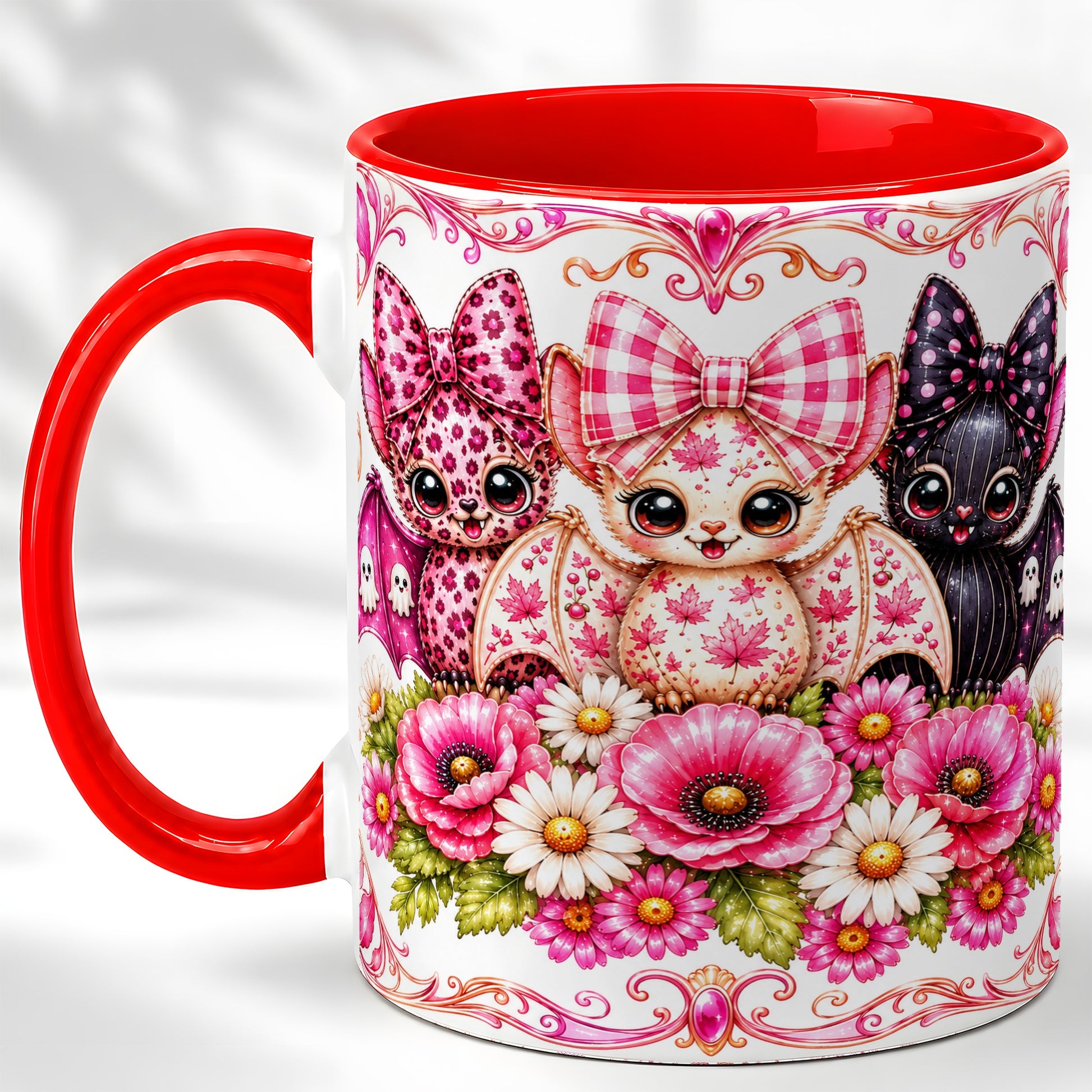 #pl[11oz|Red] Pink Halloween Bats Coffee Mug, Floral Bat Mug, Ceramic Cup