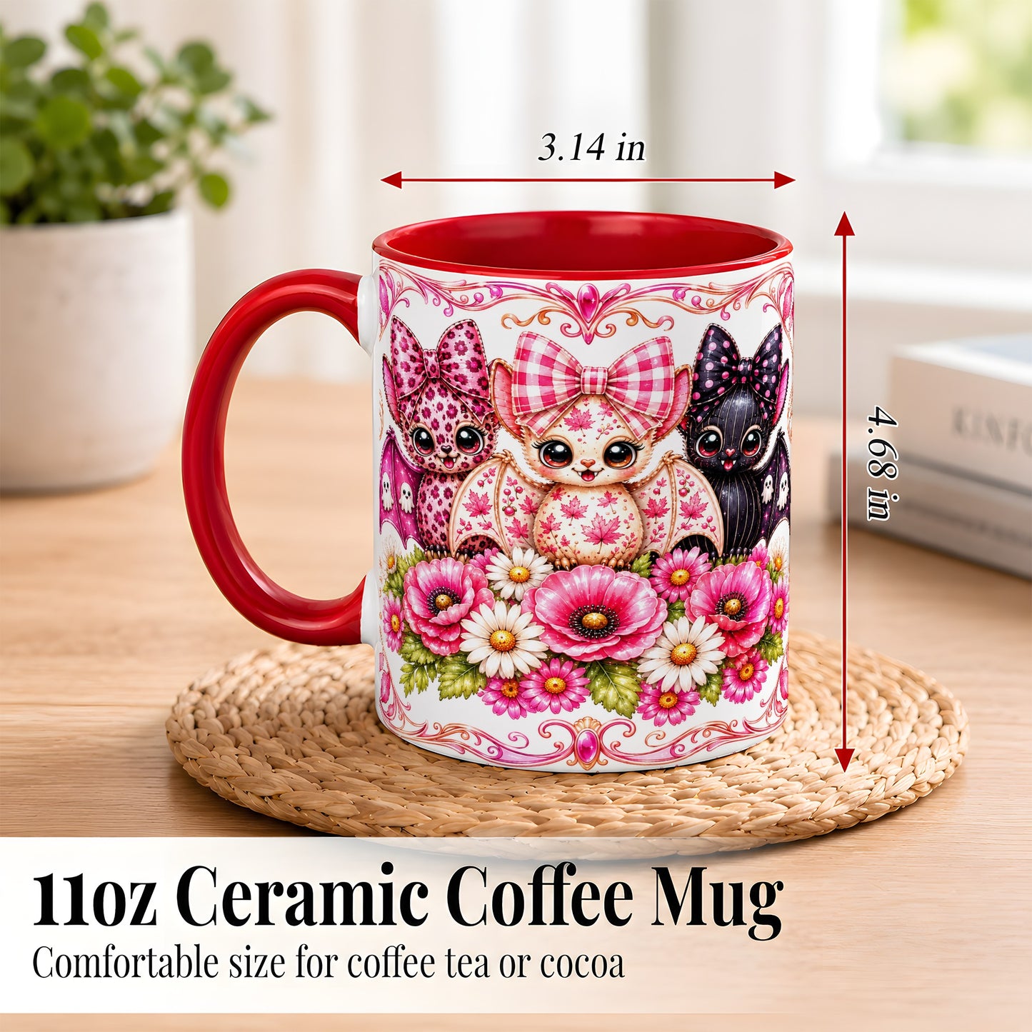 #pl[11oz|Red] Pink Halloween Bats Coffee Mug, Floral Bat Mug, Ceramic Cup