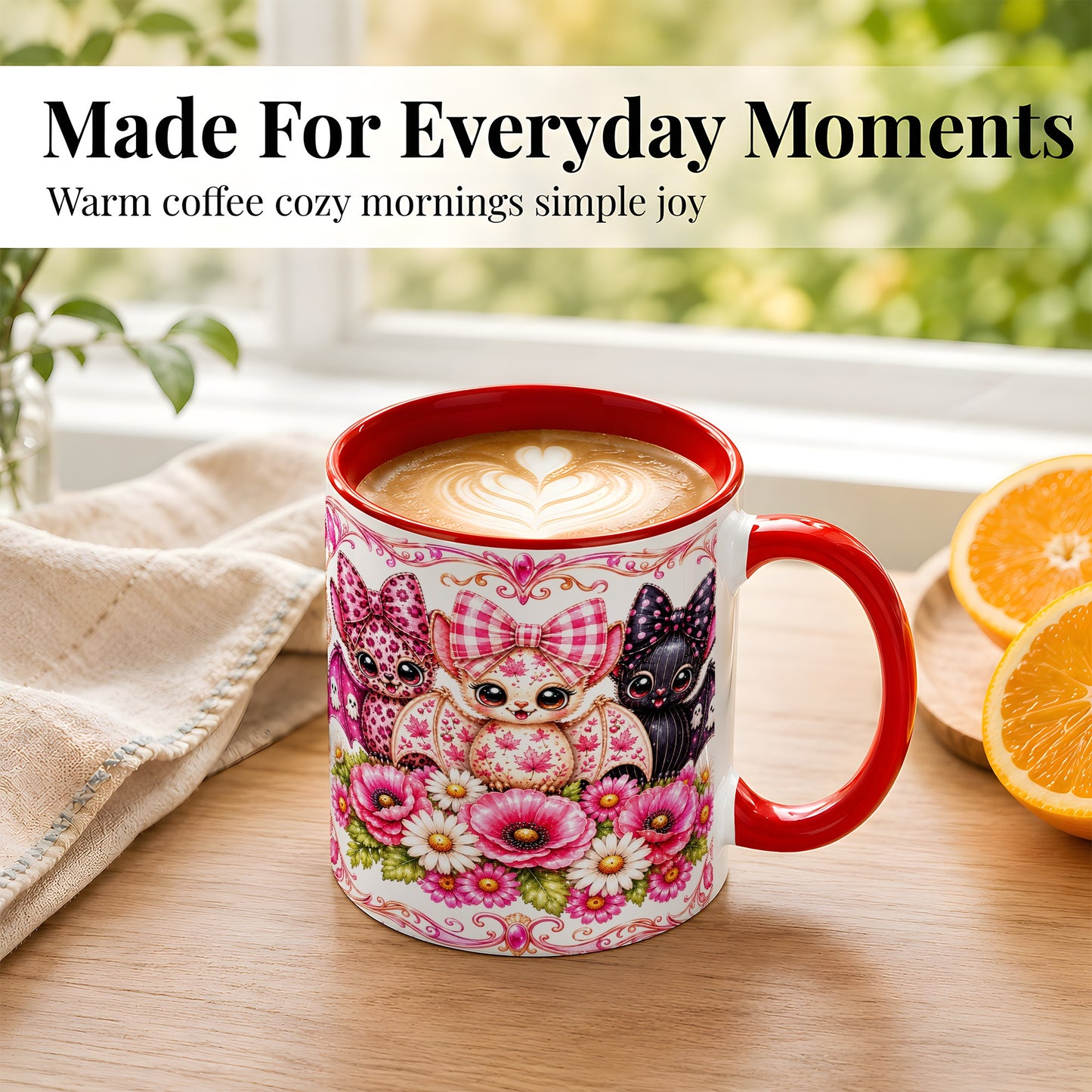 #pl[11oz|Red] Pink Halloween Bats Coffee Mug, Floral Bat Mug, Ceramic Cup