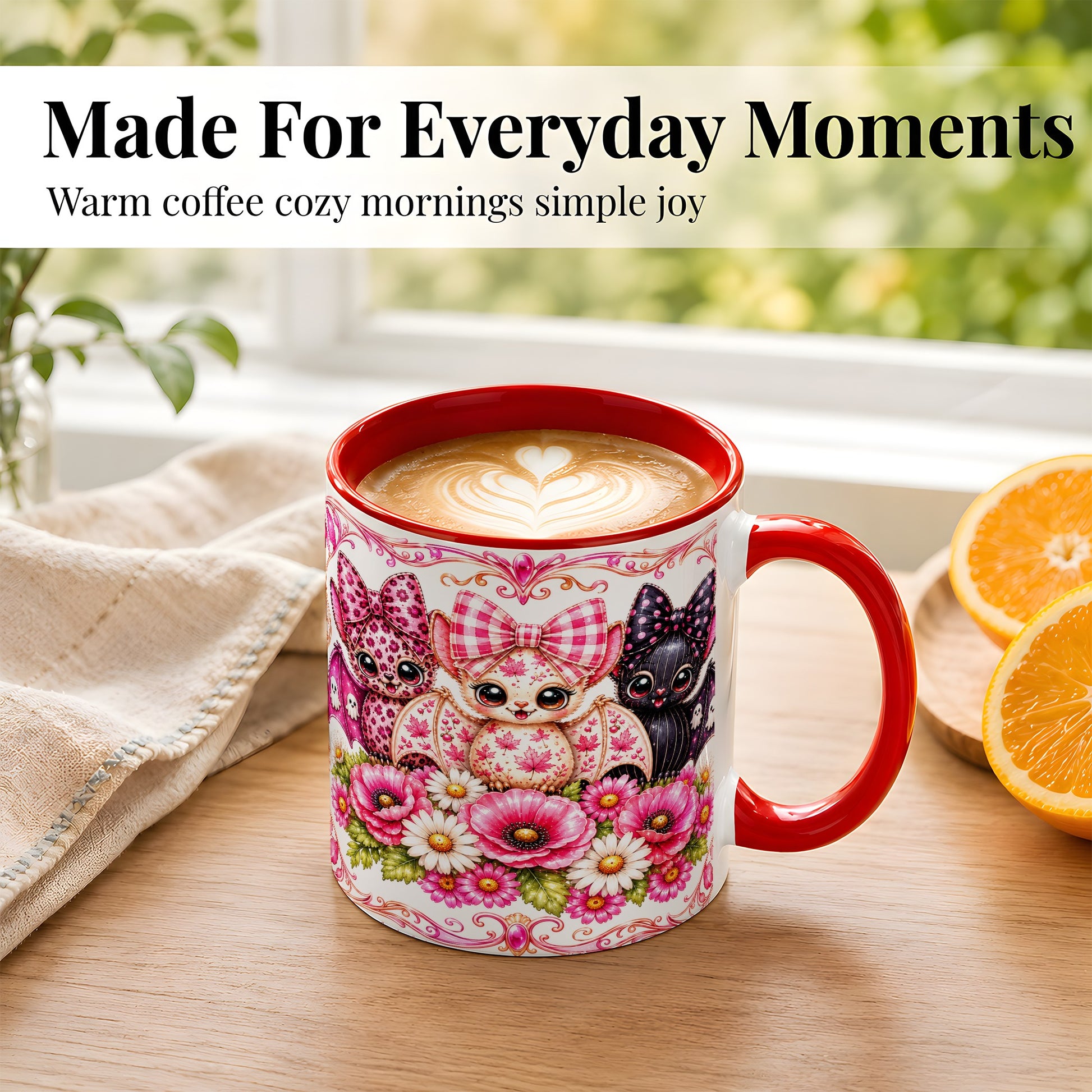#pl[11oz|Red] Pink Halloween Bats Coffee Mug, Floral Bat Mug, Ceramic Cup