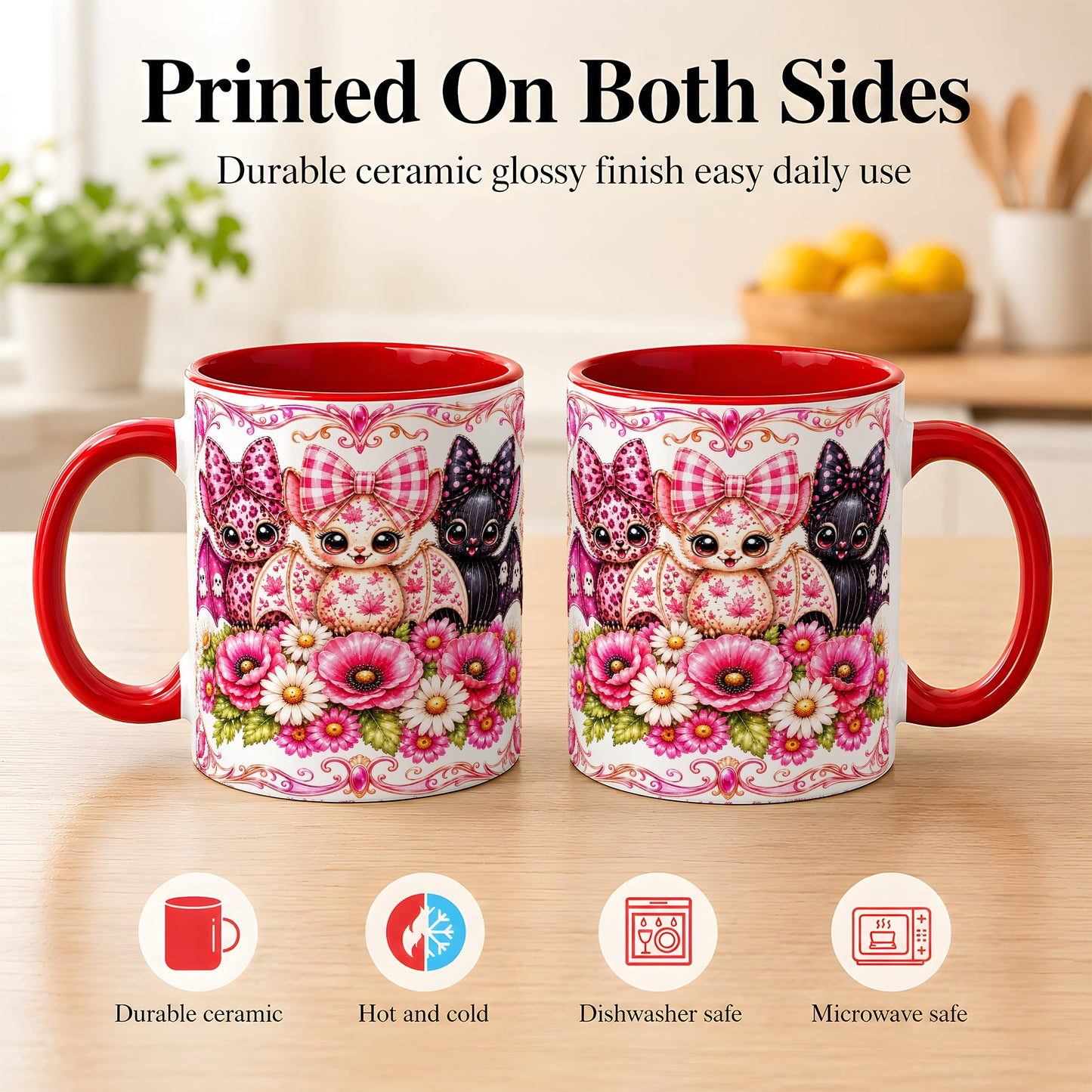 #pl[11oz|Red] Pink Halloween Bats Coffee Mug, Floral Bat Mug, Ceramic Cup