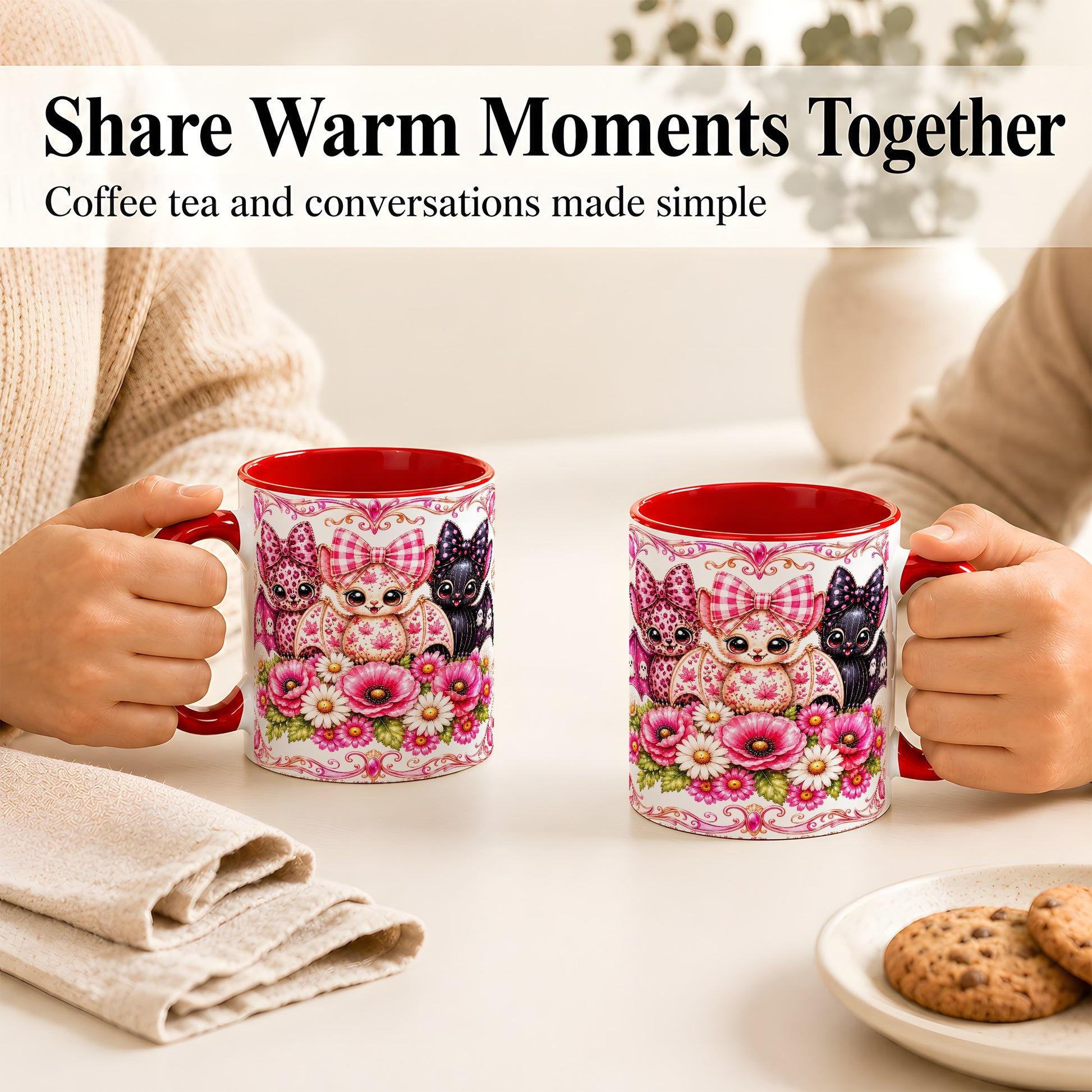 #pl[11oz|Red] Pink Halloween Bats Coffee Mug, Floral Bat Mug, Ceramic Cup