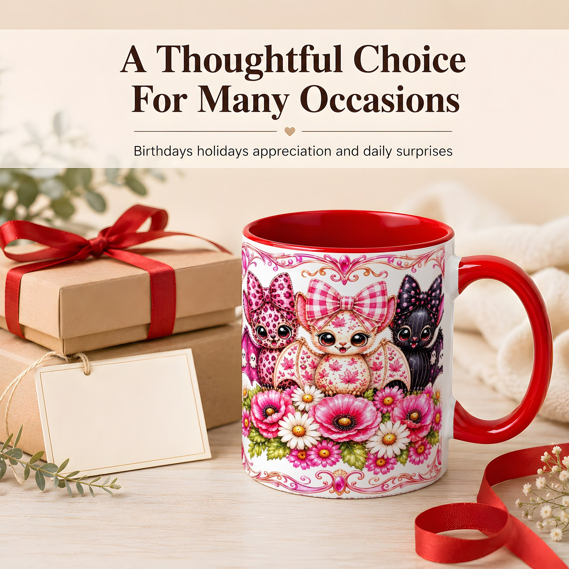 #pl[11oz|Red] Pink Halloween Bats Coffee Mug, Floral Bat Mug, Ceramic Cup