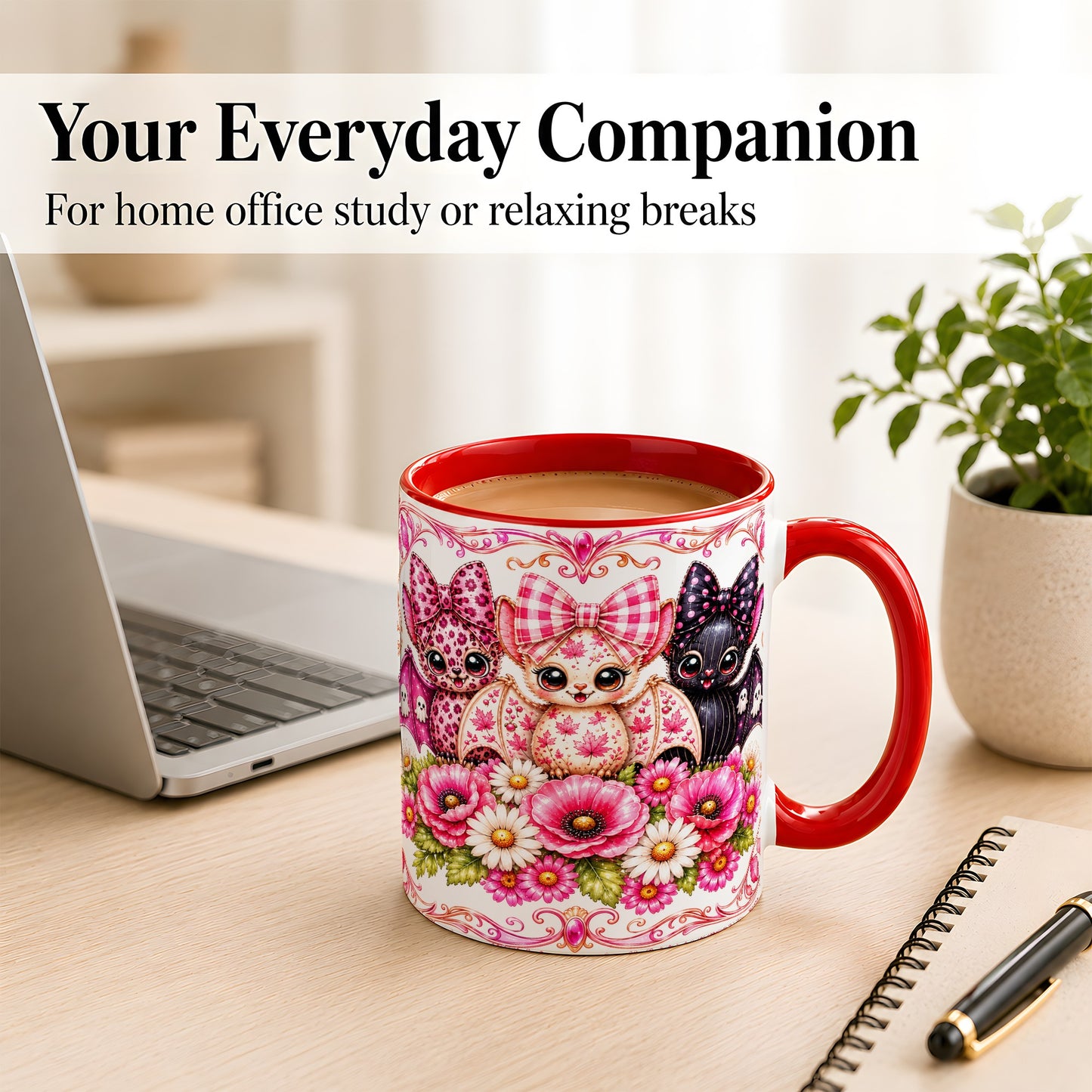 #pl[11oz|Red] Pink Halloween Bats Coffee Mug, Floral Bat Mug, Ceramic Cup