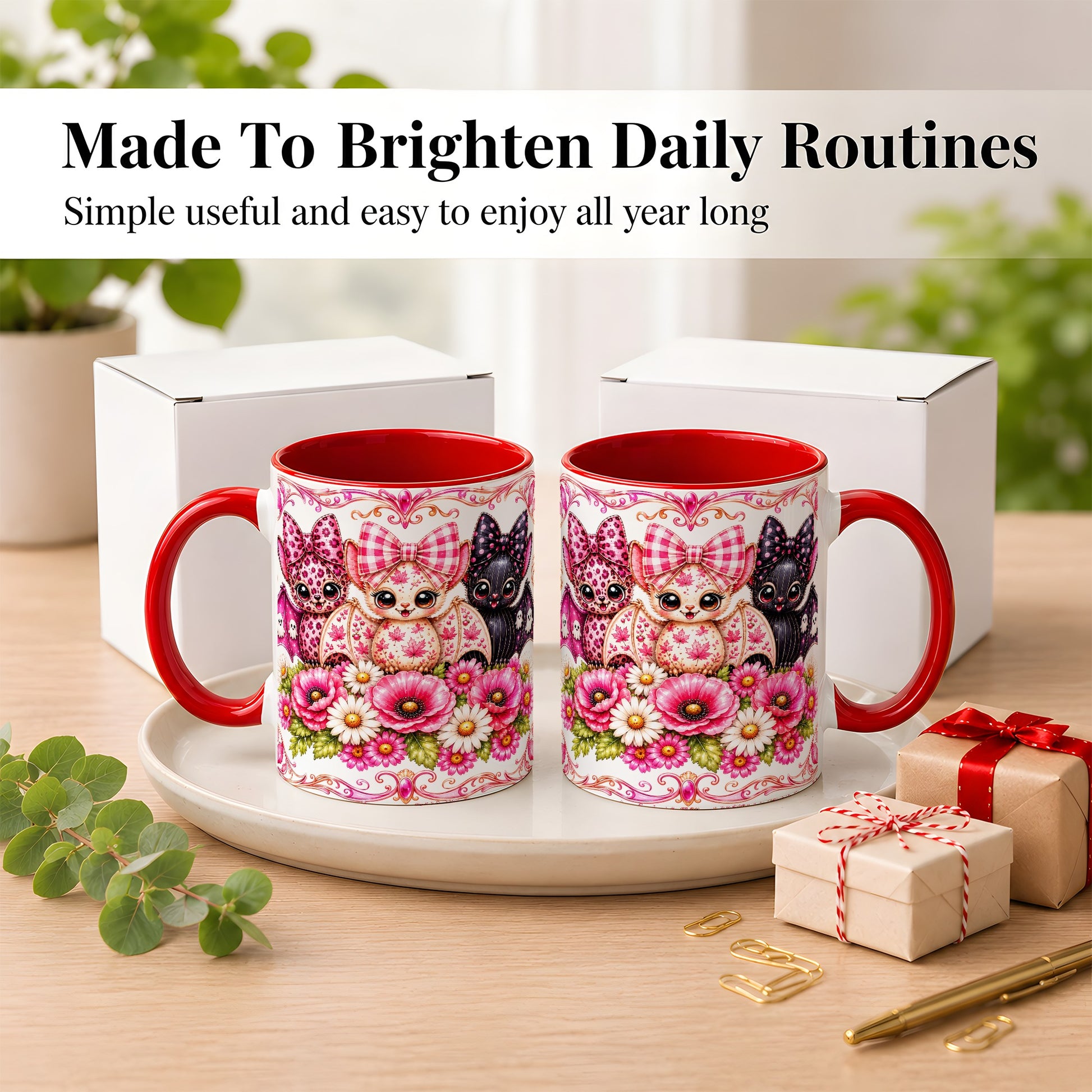 #pl[11oz|Red] Pink Halloween Bats Coffee Mug, Floral Bat Mug, Ceramic Cup