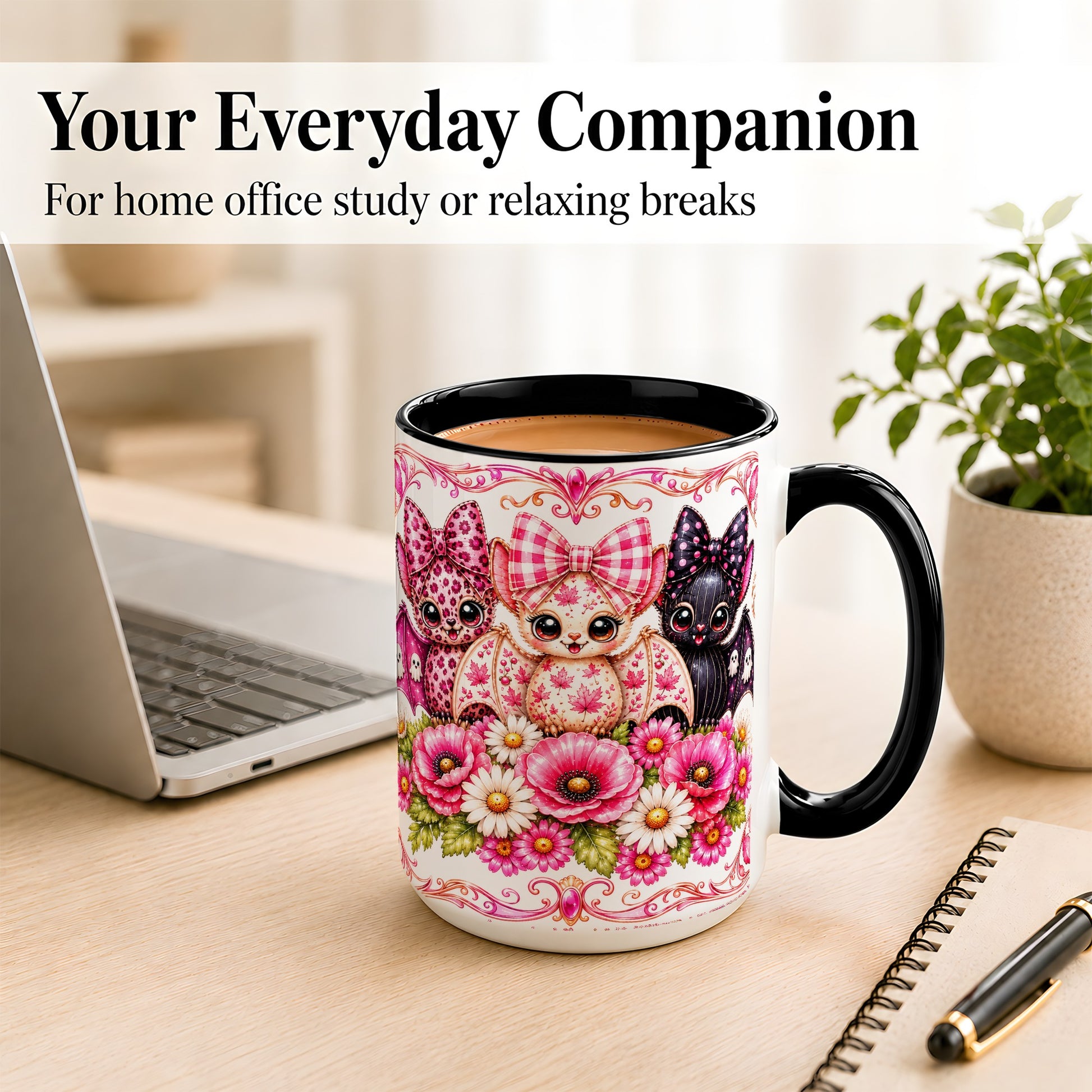 #pl[15oz|Black] Pink Halloween Bats Coffee Mug, Floral Bat Mug, Ceramic Cup